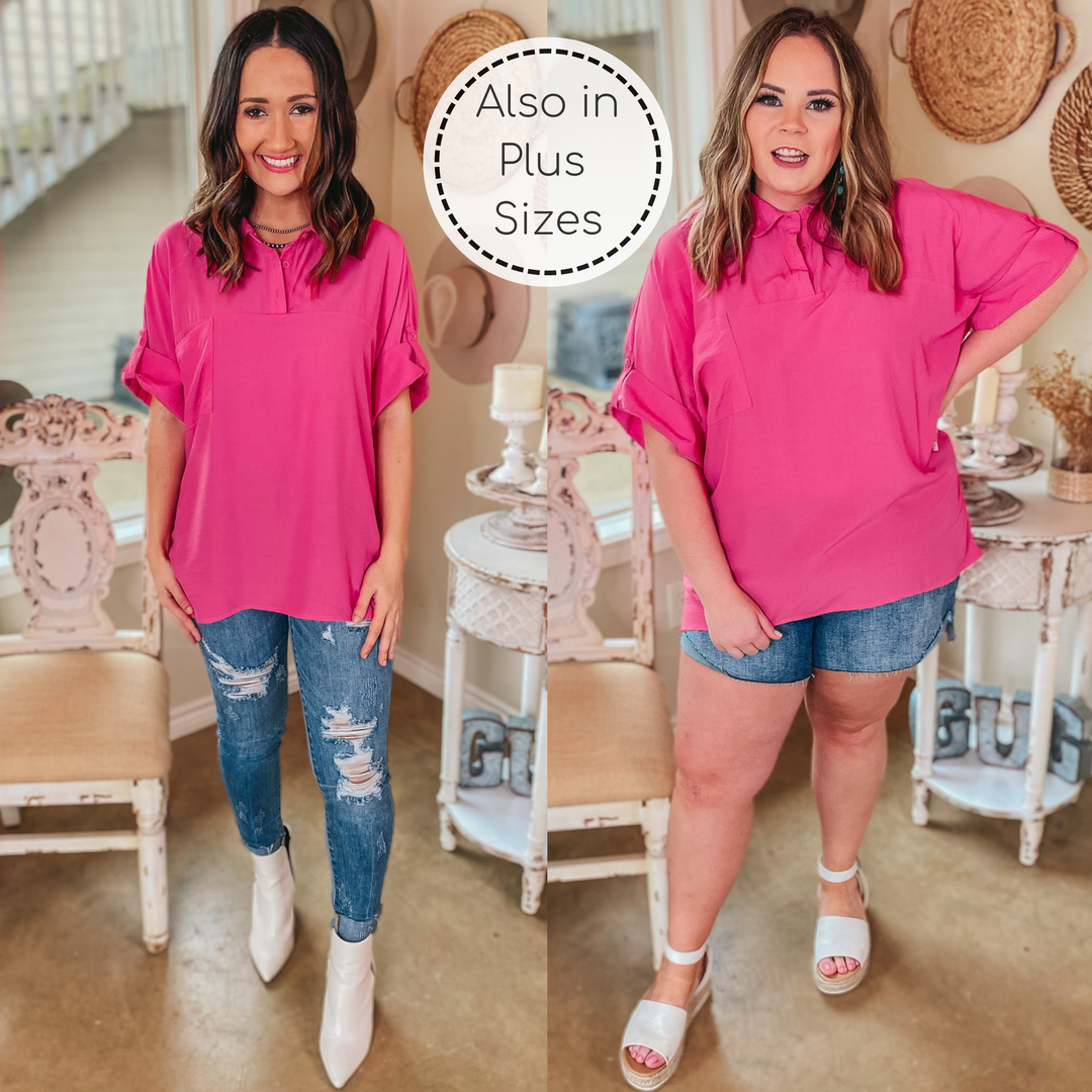 Chic Status Button and Collared Neckline Short Sleeve Top in Fuchsia - Giddy Up Glamour Boutique