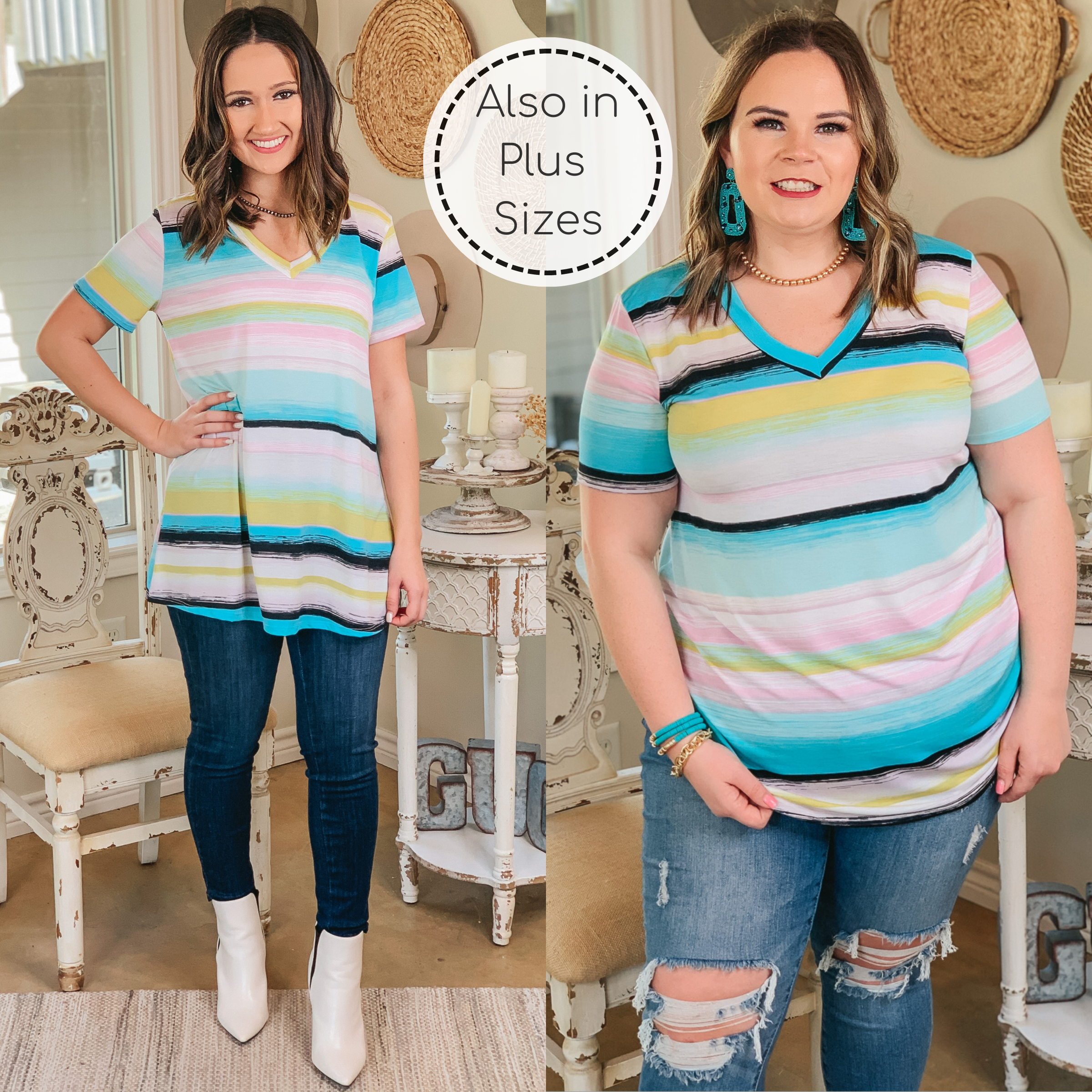 Keep Things Simple Striped V Neck Tee in Mint and Yellow Multi - Giddy Up Glamour Boutique