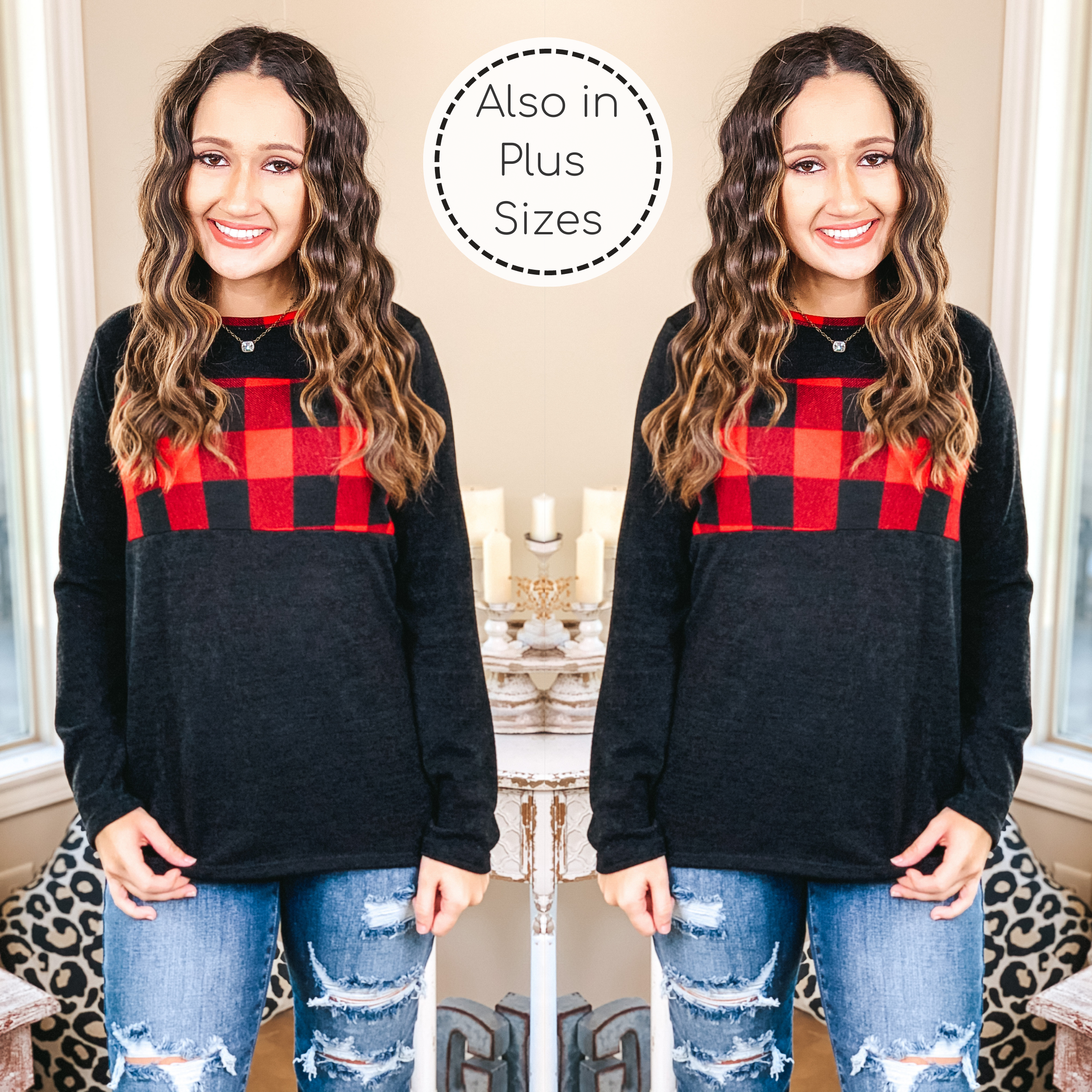 Seasonal Delight Black Long Sleeve Top with Buffalo Plaid Elbow Patches and Bust in Red - Giddy Up Glamour Boutique