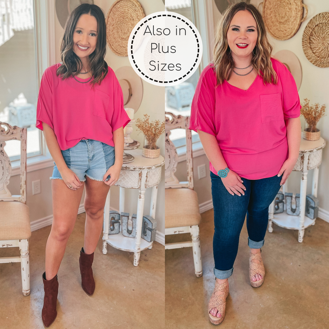 On Record V Neck Short Sleeve Shift Top with Front Pocket in Fuchsia - Giddy Up Glamour Boutique