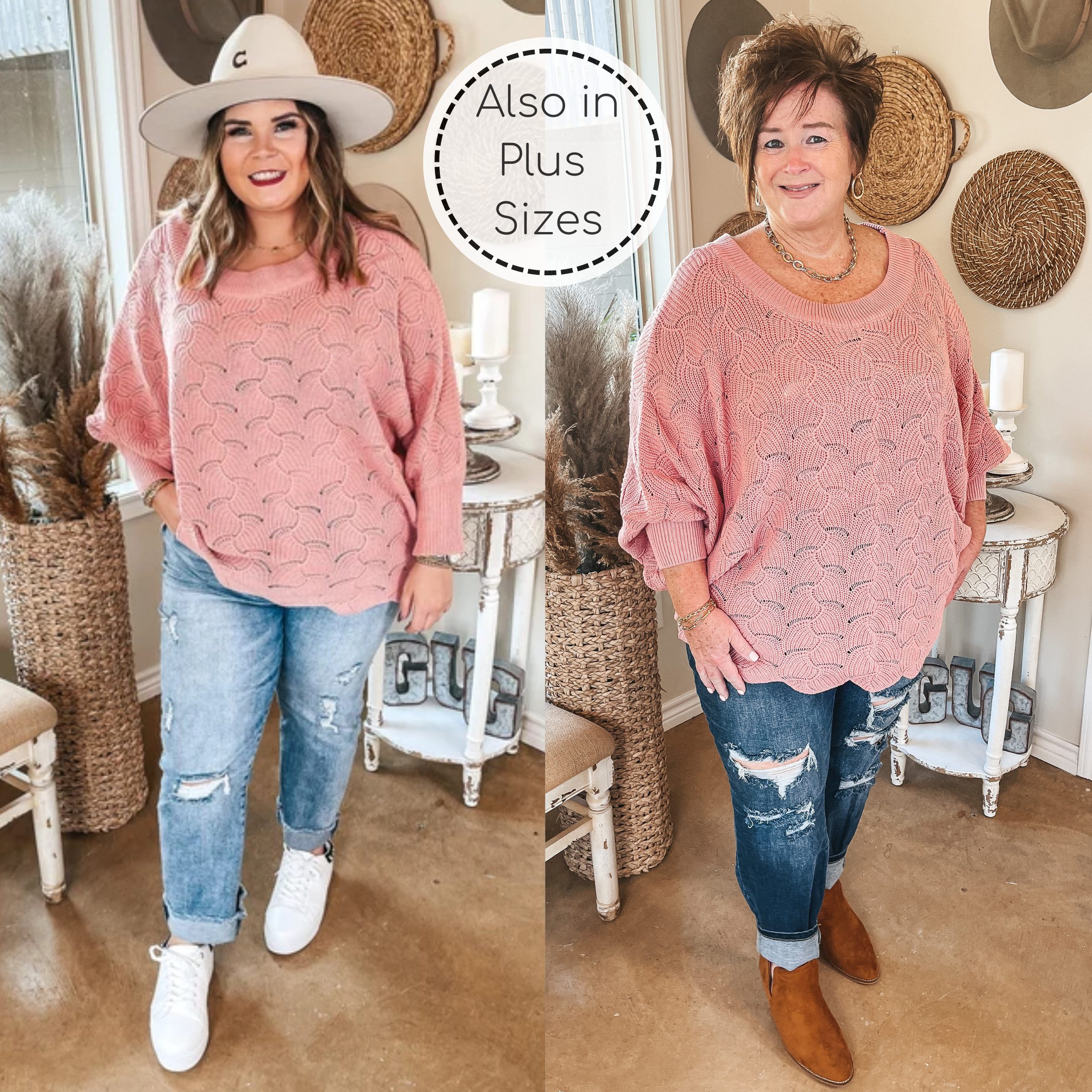 So Agreeable Knit Dolman Sweater with Scalloped Hemline in Blush Pink - Giddy Up Glamour Boutique