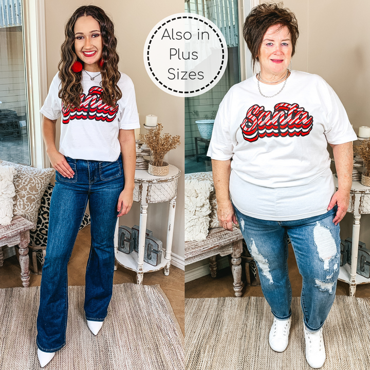 Candy Cane Stripe Retro Santa Graphic Tee in White - Giddy Up Glamour Boutique