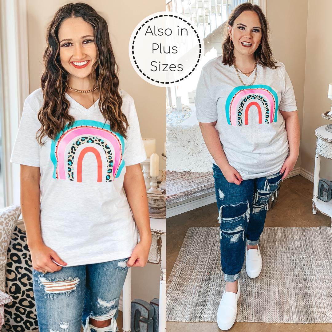 Over The Rainbow Multi Color and Leopard Rainbow Graphic Tee in Heather Grey - Giddy Up Glamour Boutique