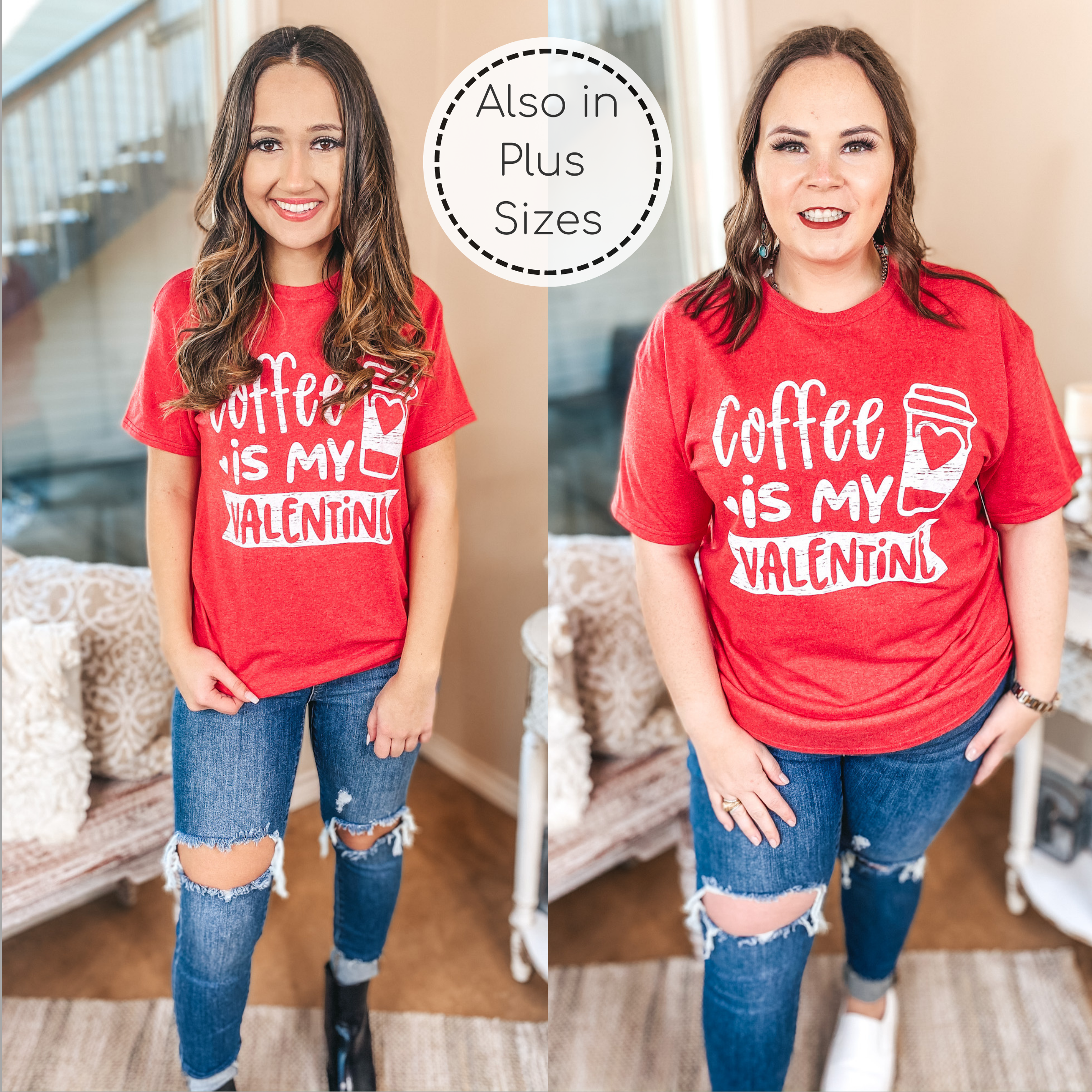Coffee is My Valentine Short Sleeve Graphic Tee in Heather Red - Giddy Up Glamour Boutique