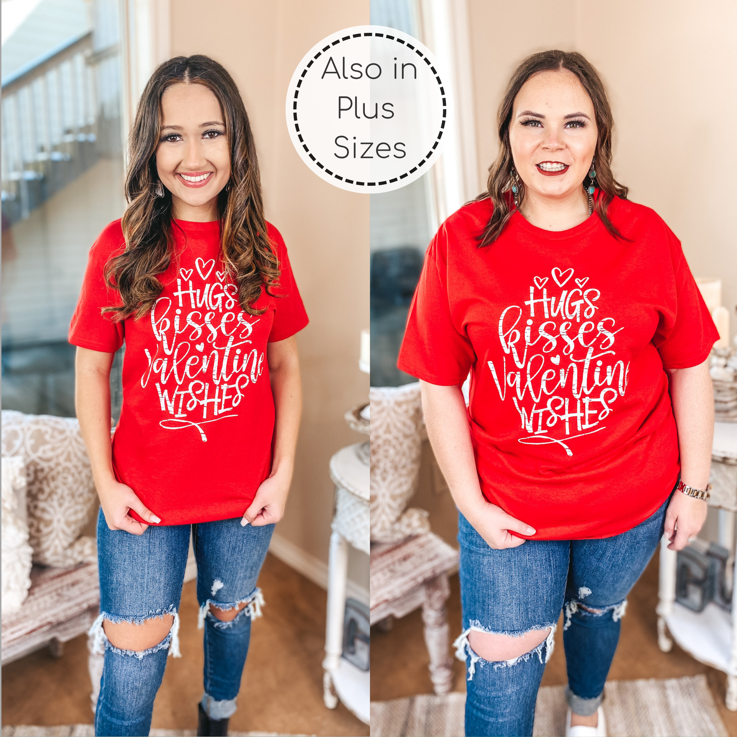Hugs, Kisses, and Valentine Wishes Graphic Tee in Red - Giddy Up Glamour Boutique