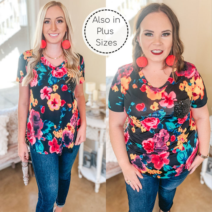 Last Chance Size S & M | Sparkle Just Right Floral Sequin Pocket Tee in Black - Giddy Up Glamour Boutique