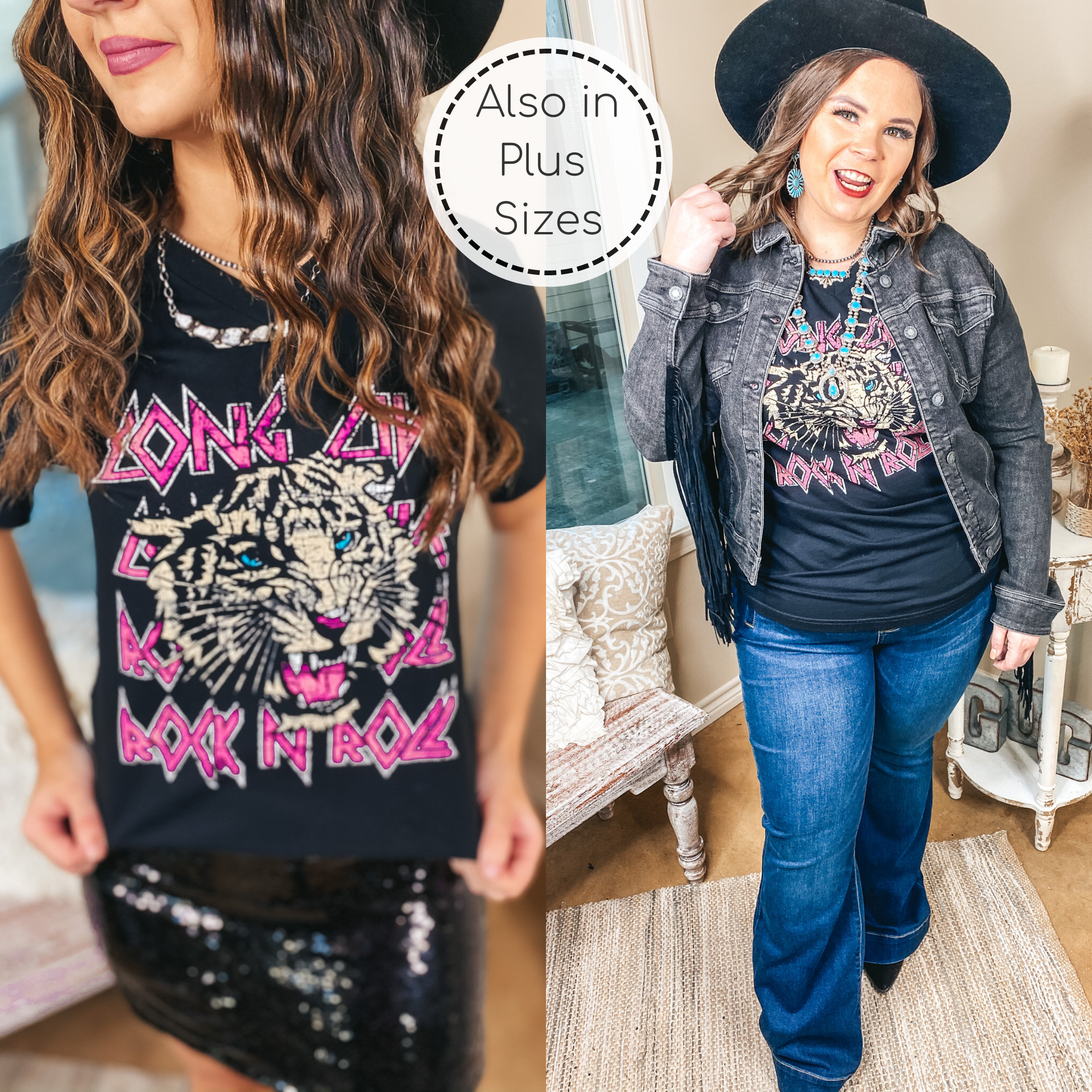 Tiger Queen Long Live Rock N' Roll Tiger V Neck Graphic Tee in Black - Giddy Up Glamour Boutique