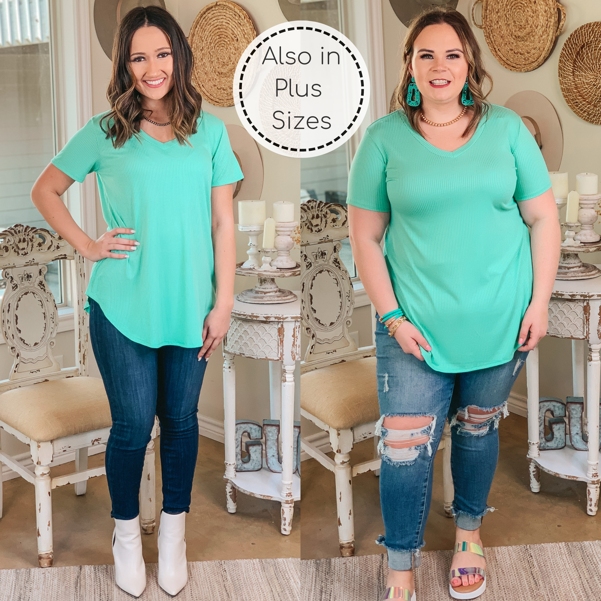 Simply Obsessed Ribbed Short Sleeve V Neck Top in Mint - Giddy Up Glamour Boutique