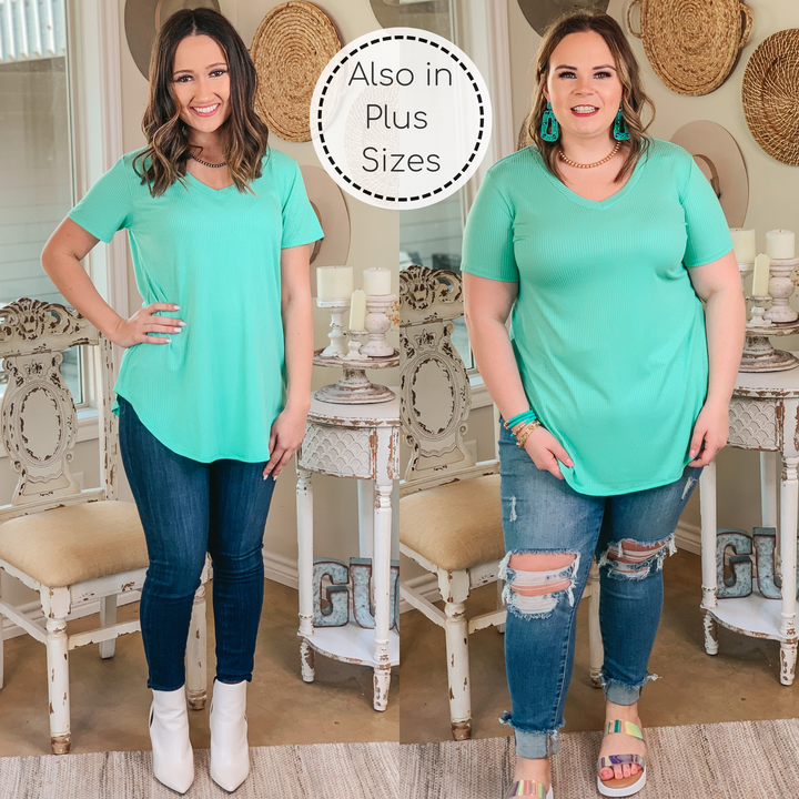 Simply Obsessed Ribbed Short Sleeve V Neck Top in Mint - Giddy Up Glamour Boutique