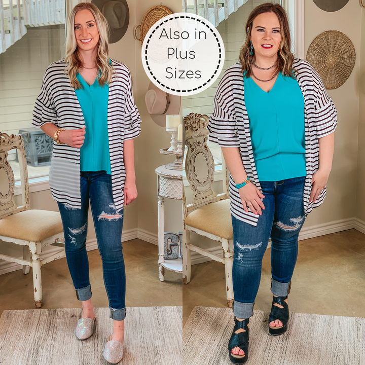 Cross My Mind Stripe Cardigan with Ruffle Sleeves in White - Giddy Up Glamour Boutique