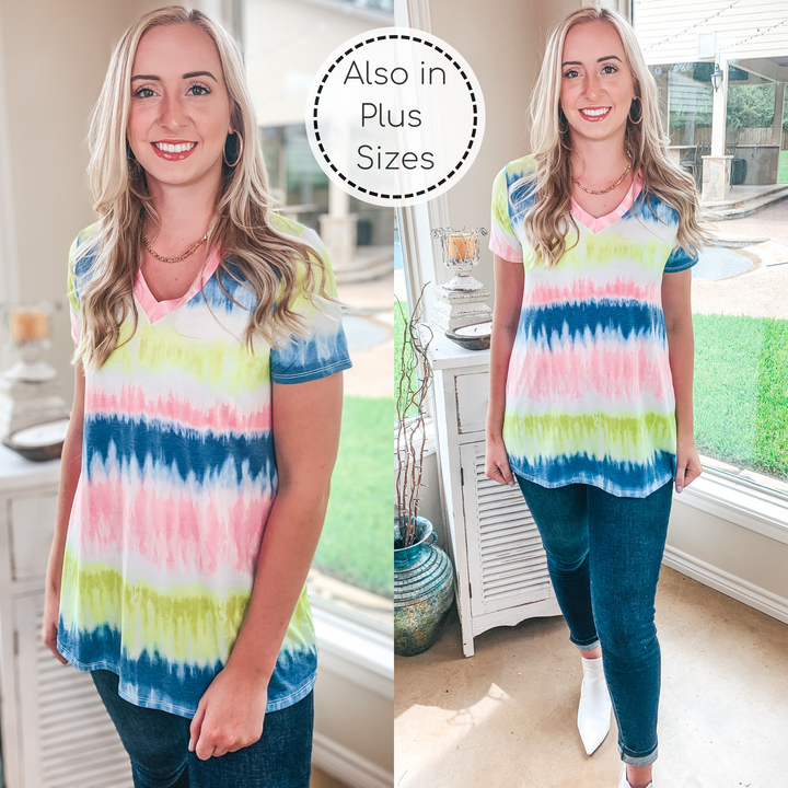 Last Chance Size Small & Med. | Keep Things Simple Tie Dye Stripe V Neck Tee in Yellow, Pink, and Navy - Giddy Up Glamour Boutique