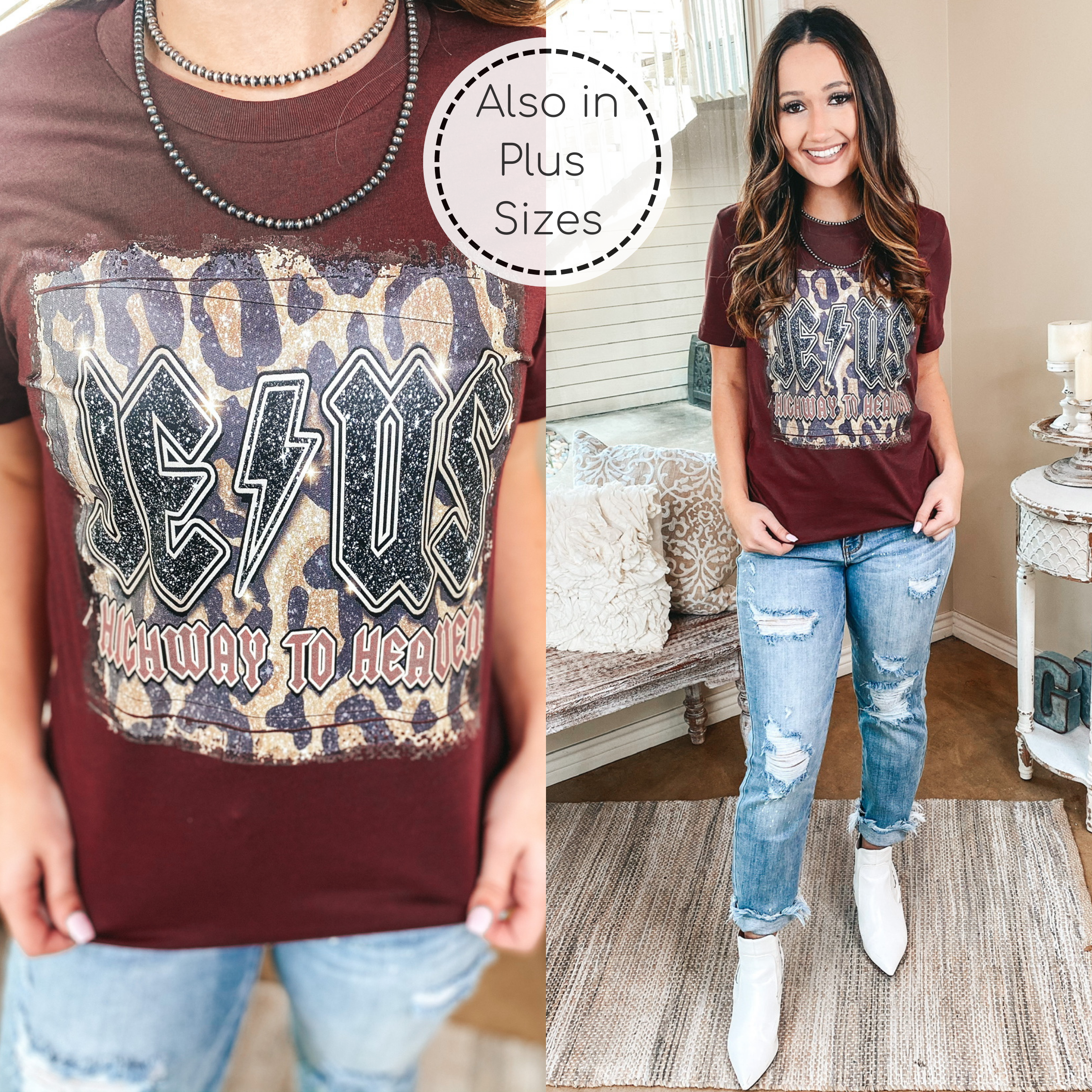 Jesus Is The Highway To Heaven Short Sleeve Graphic Tee in Maroon - Giddy Up Glamour Boutique