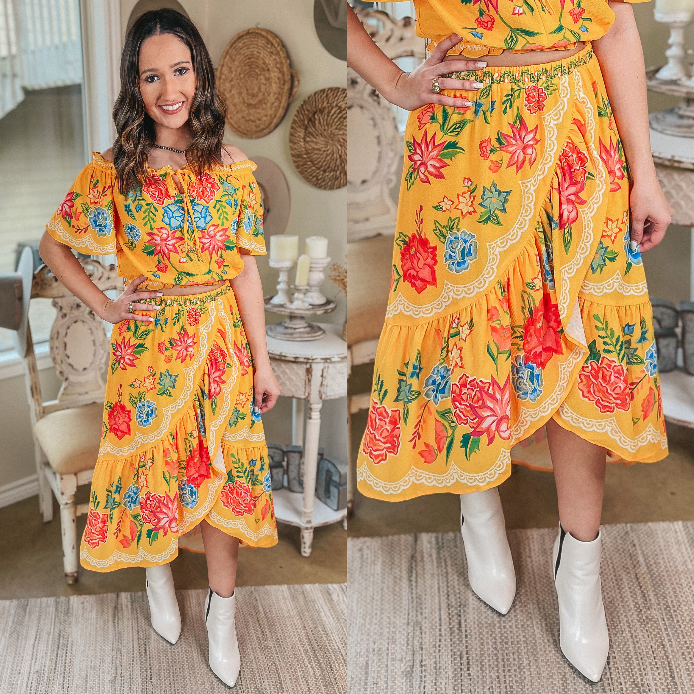Flock To Paradise Floral Print Wrap Skirt in Yellow - Giddy Up Glamour Boutique