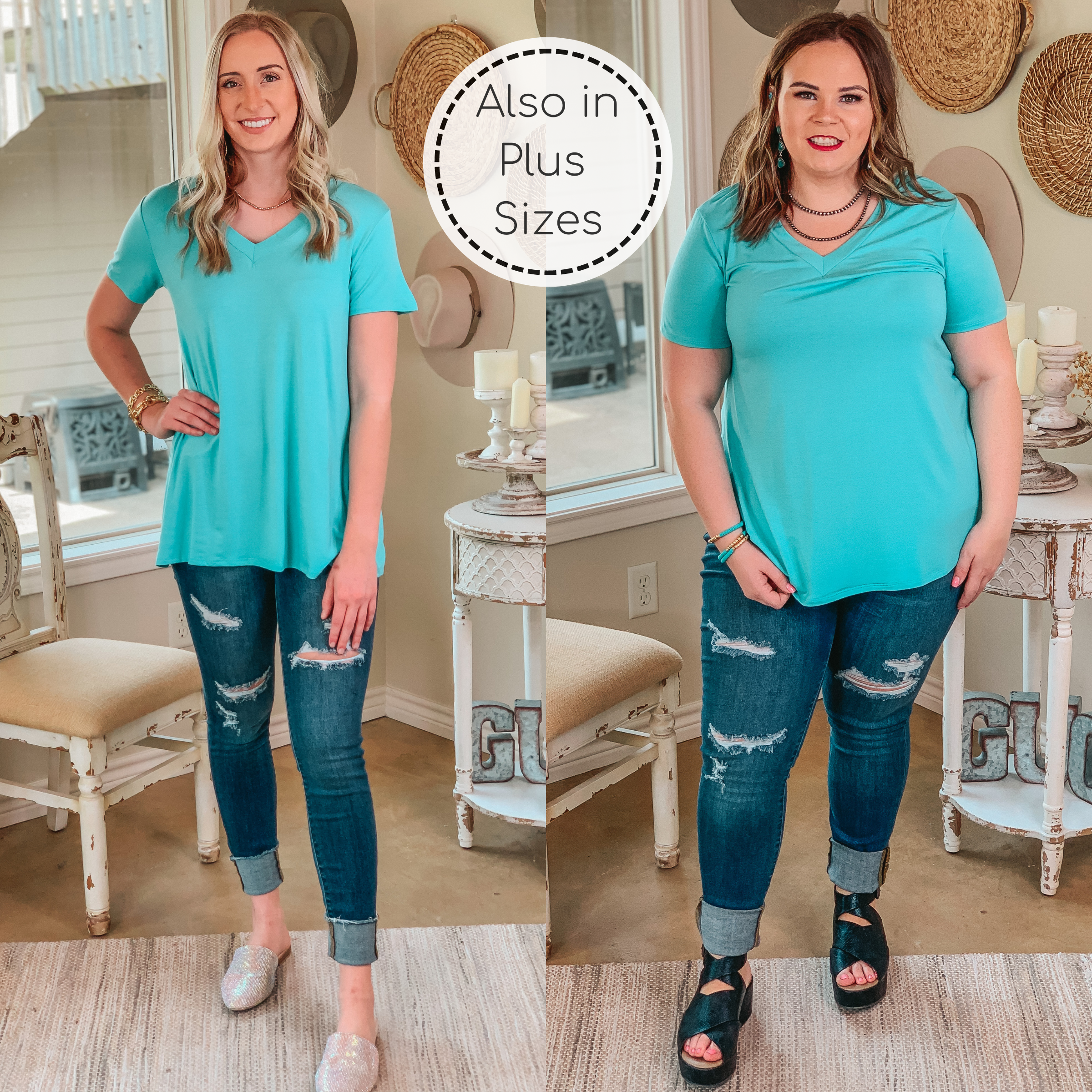 It's That Simple Solid V Neck Tee in Aqua Blue - Giddy Up Glamour Boutique