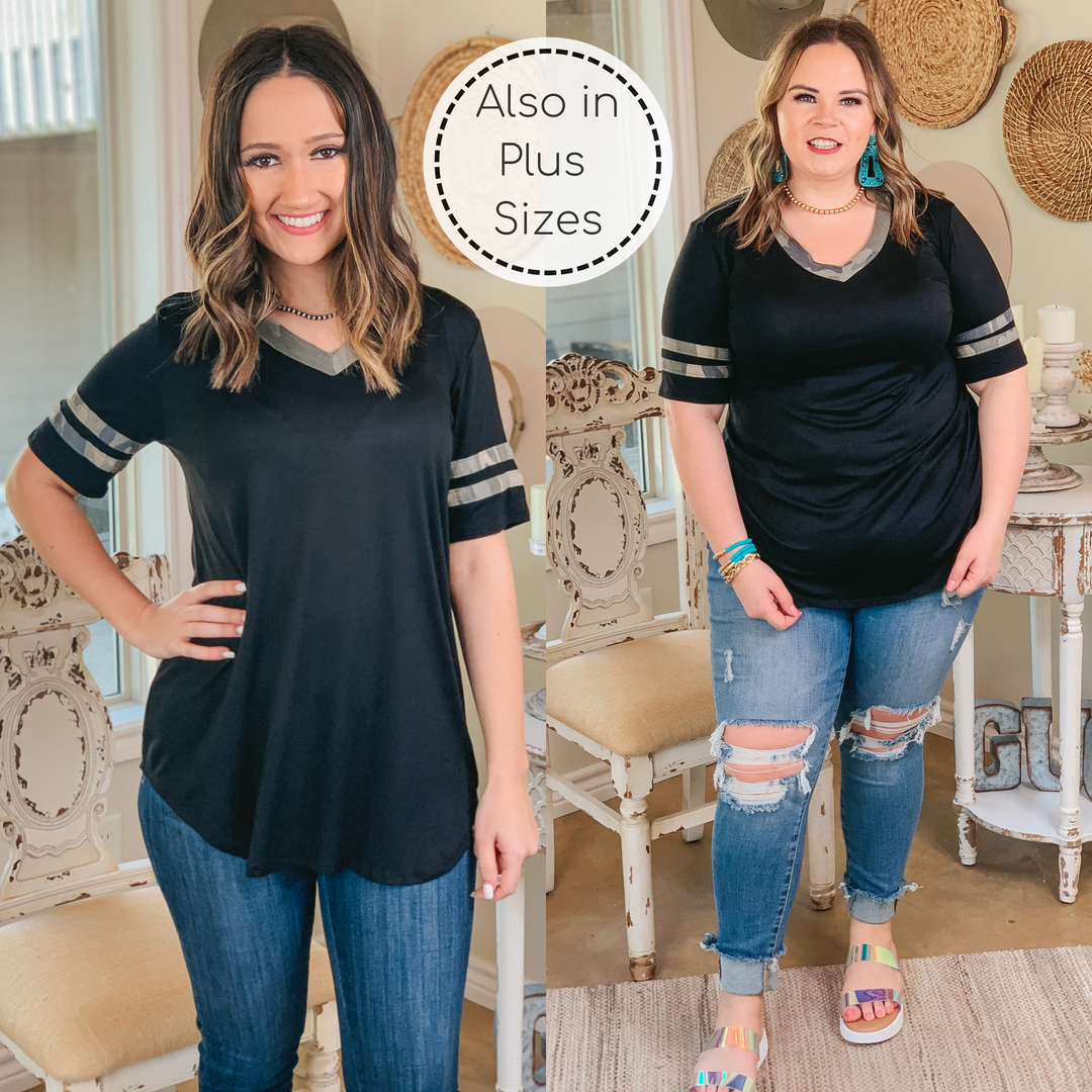 Last Chance Size Small | Divine Comfort Camouflage Detail V Neck Tee in Black - Giddy Up Glamour Boutique