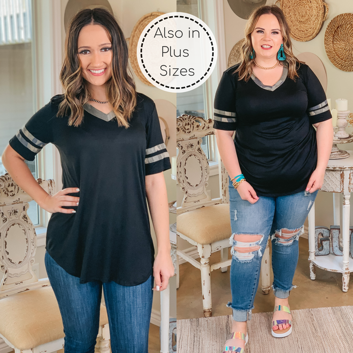 Last Chance Size Small | Divine Comfort Camouflage Detail V Neck Tee in Black - Giddy Up Glamour Boutique