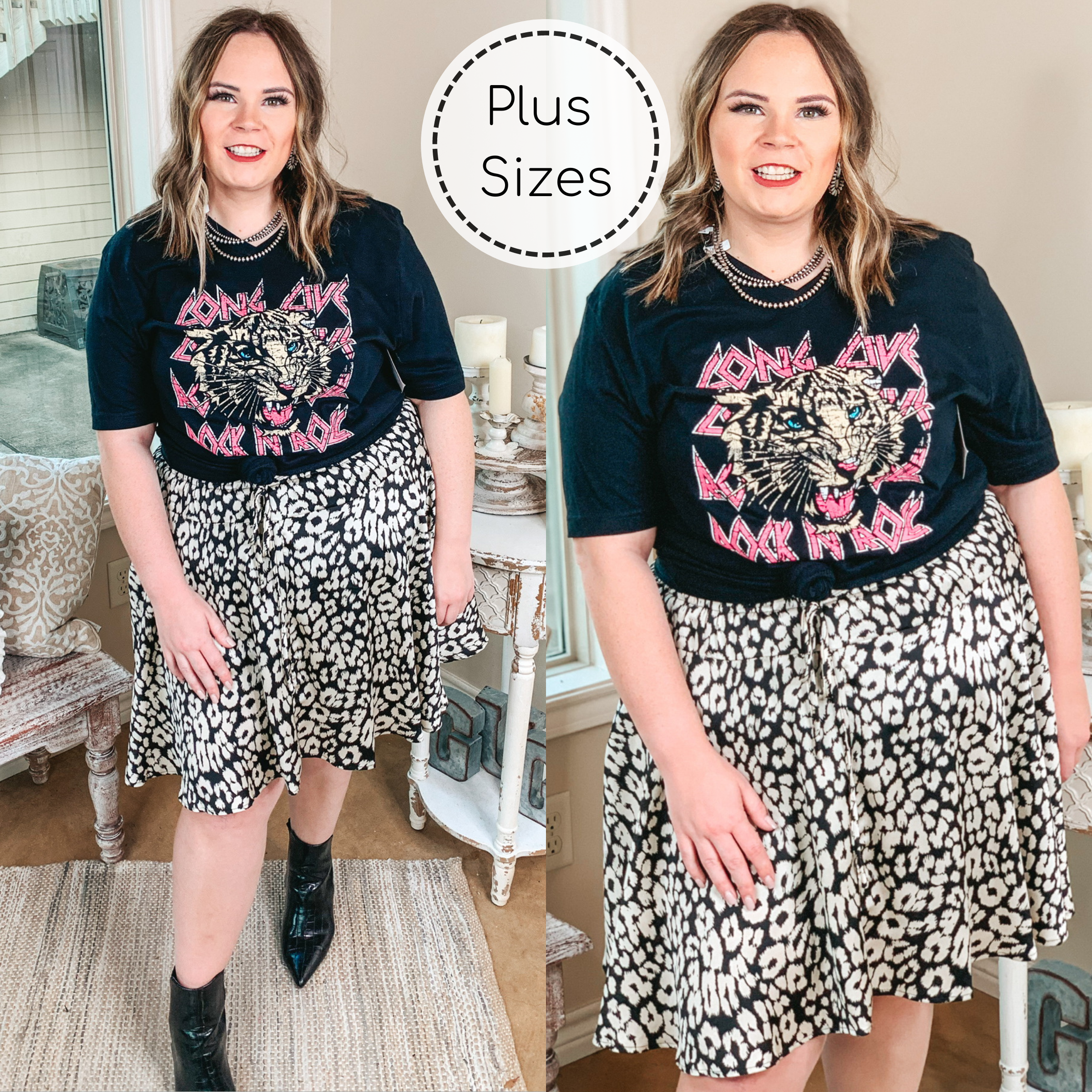 Plus Size | Swing into Spring Leopard Drawstring Swing Skirt in Ivory and Black - Giddy Up Glamour Boutique