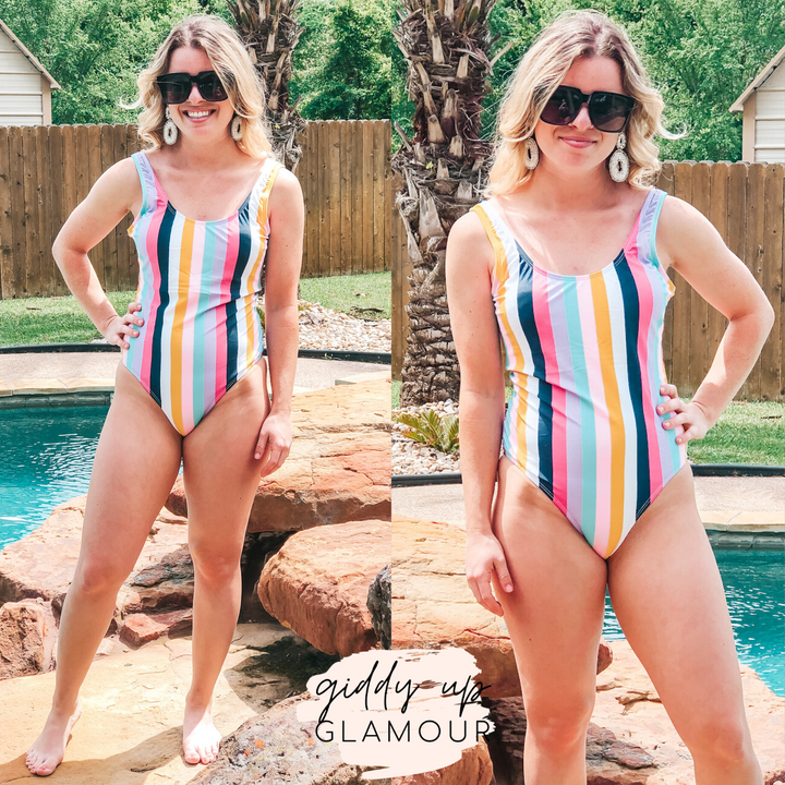 Paradise Pier Striped One Piece Swimsuit with Open Back in Multicolor - Giddy Up Glamour Boutique