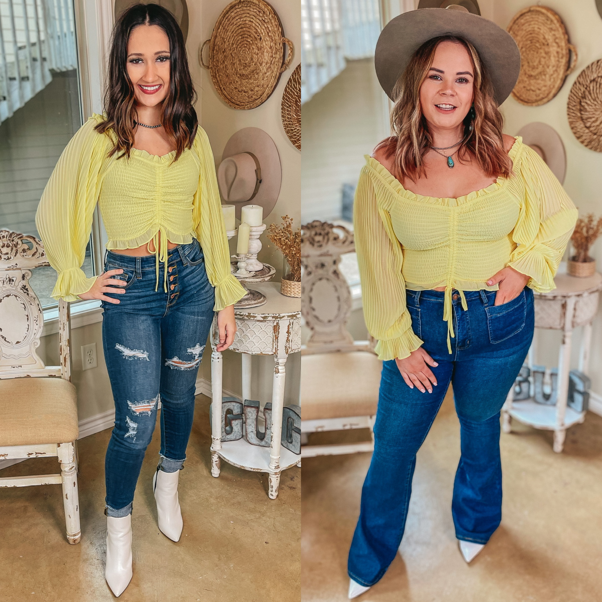 Last Chance Size Large | Sweet in SoCal Smocked Bodice Crop Top with Long Pleated Sleeves in Yellow - Giddy Up Glamour Boutique