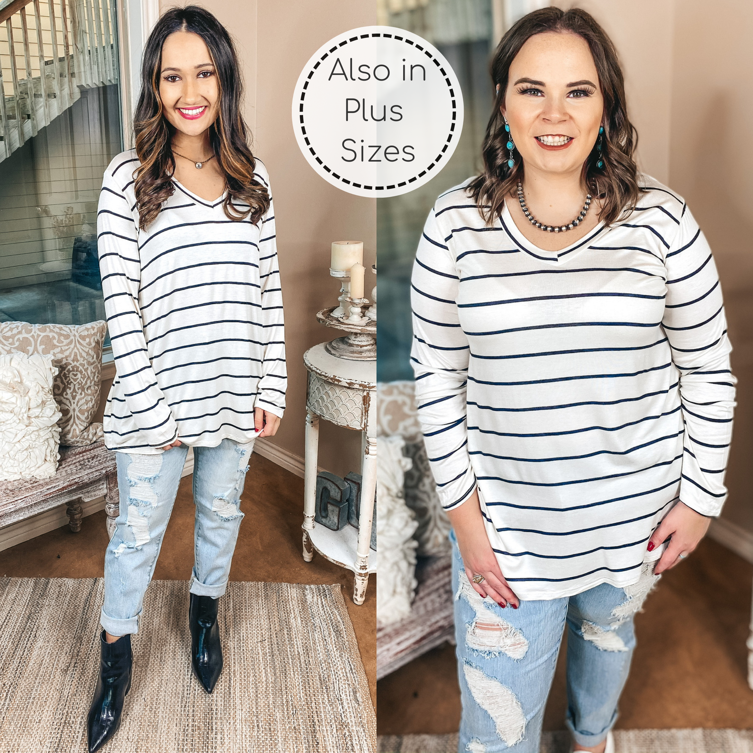 Keep Things Casual Long Sleeve Striped V Neck Tee in Ivory - Giddy Up Glamour Boutique