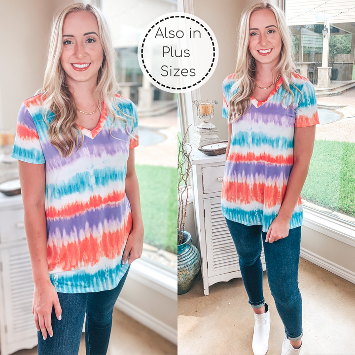 Keep Things Simple Tie Dye Stripe V Neck Tee in Mint, Coral, and Purple - Giddy Up Glamour Boutique