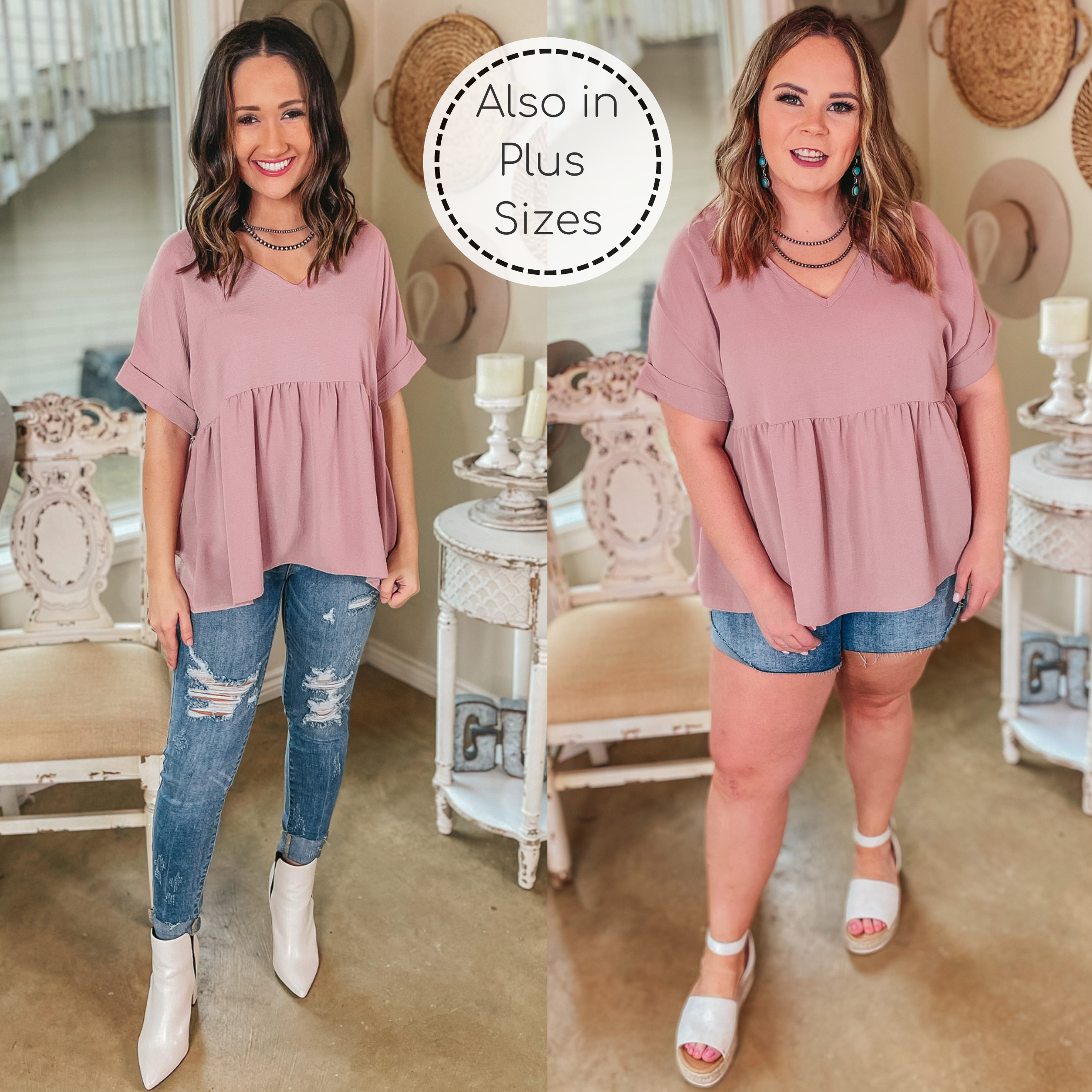 Touring the City Short Sleeve V Neck Babydoll Top in Dusty Pink - Giddy Up Glamour Boutique