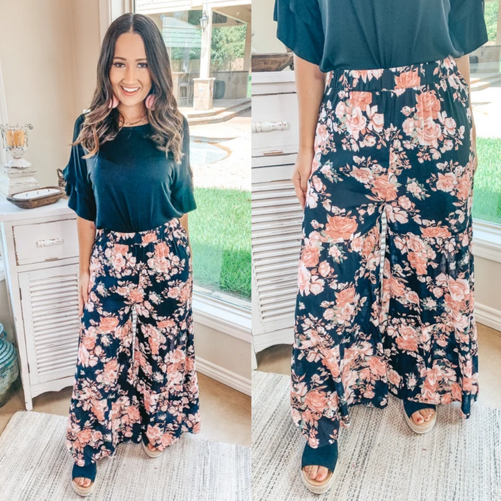 Last Chance Size Small & Medium | Breaking Free Floral Wide Leg Ruffle Pants in Black - Giddy Up Glamour Boutique