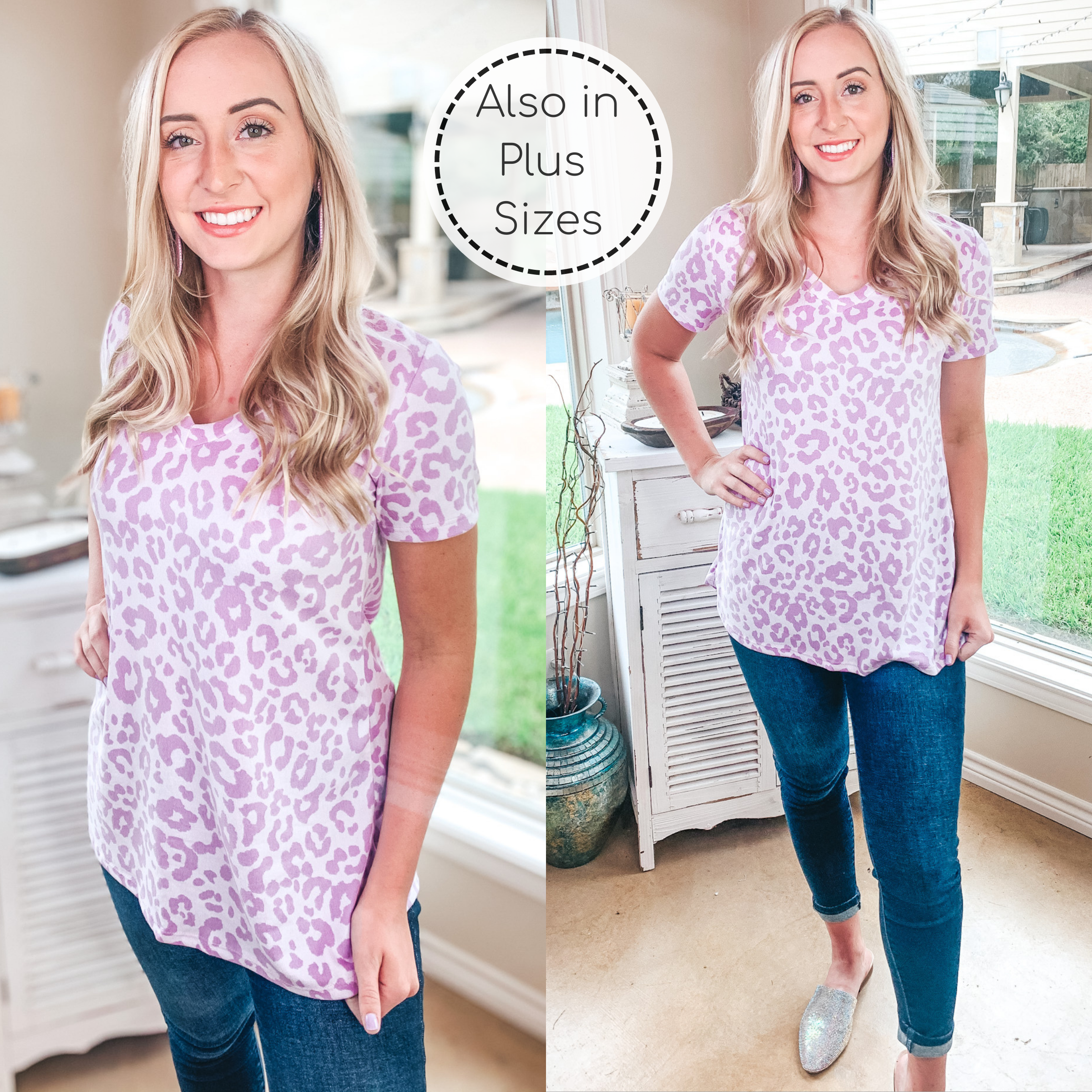 Keep Things Simple Leopard Print V Neck Tee in Lilac Purple - Giddy Up Glamour Boutique