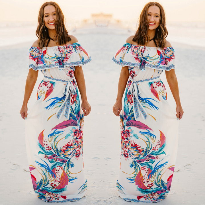 Last Chance Size Small & Med. | Bahama Breeze Off The Shoulder Ruffle Floral Maxi Dress in Ivory - Giddy Up Glamour Boutique