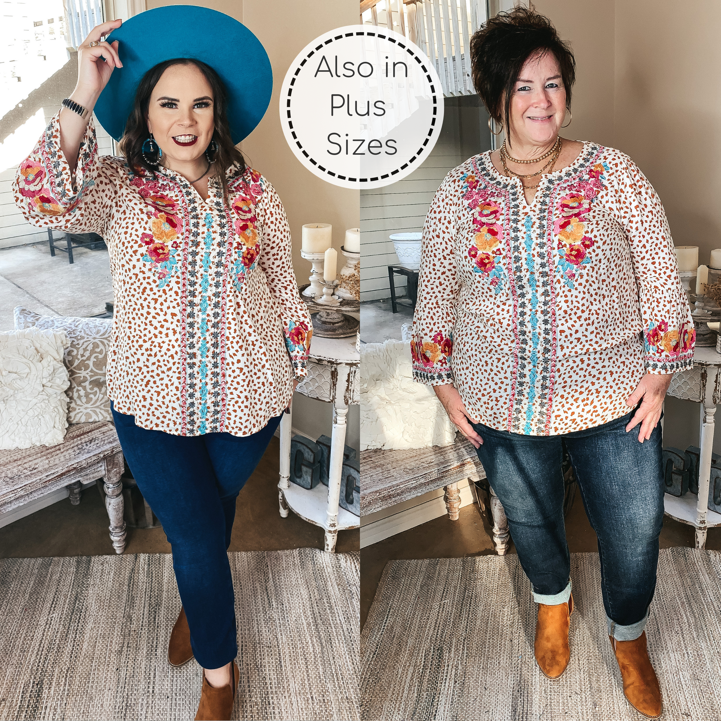 Last Chance Size Small & Medium | Give Me Color Floral Embroidered Bell Sleeve Dotted Top in Rust and Ivory - Giddy Up Glamour Boutique