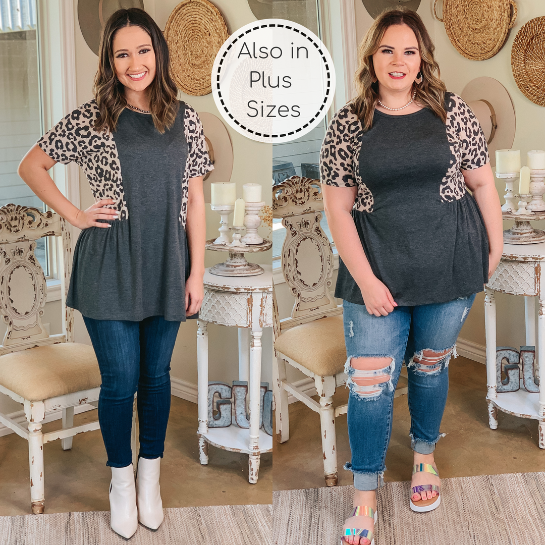 Flirtatious Heart Leopard Side Babydoll top in Grey - Giddy Up Glamour Boutique