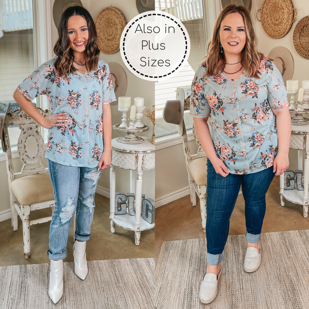Last Chance Size Small | Casually Cool Floral Print V Neck Tee in Mint Blue - Giddy Up Glamour Boutique