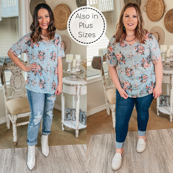 Last Chance Size Small | Casually Cool Floral Print V Neck Tee in Mint Blue - Giddy Up Glamour Boutique