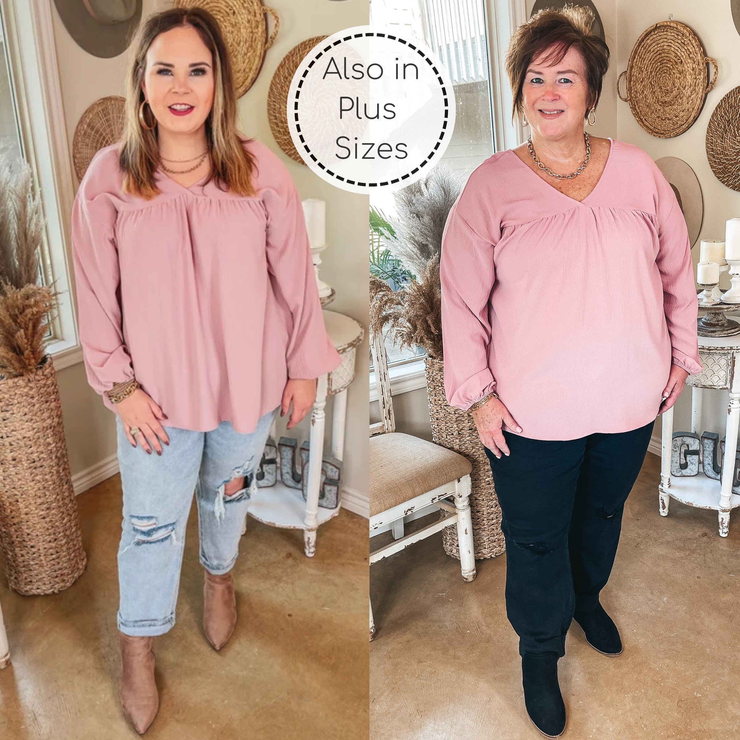 Office Feels Long Sleeve V Neck Babydoll Top in Dusty Pink - Giddy Up Glamour Boutique