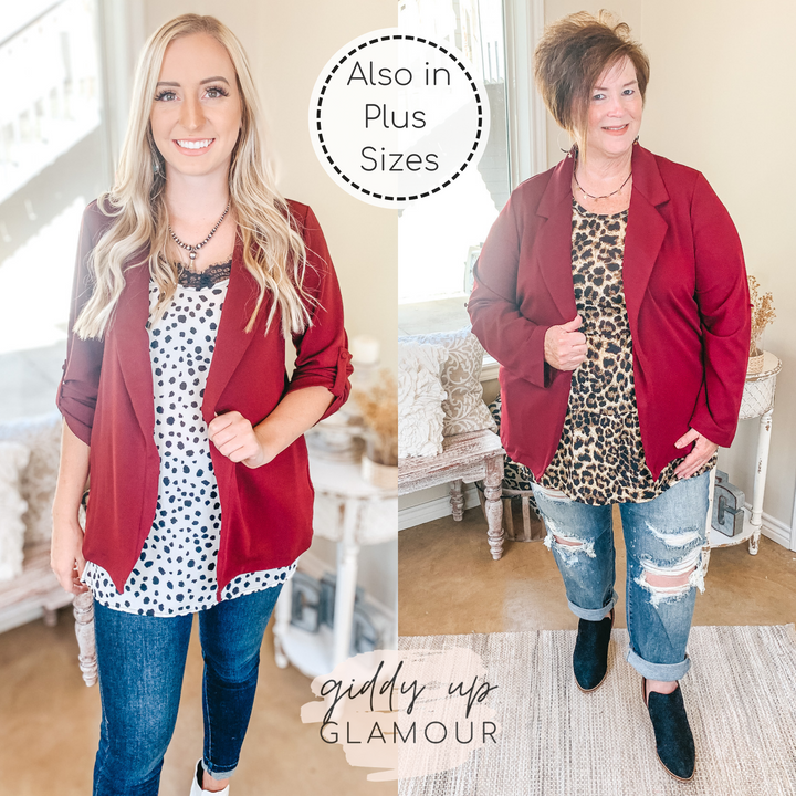 Legally Blonde 3/4 Sleeve Open Front Collared Blazer in Maroon - Giddy Up Glamour Boutique