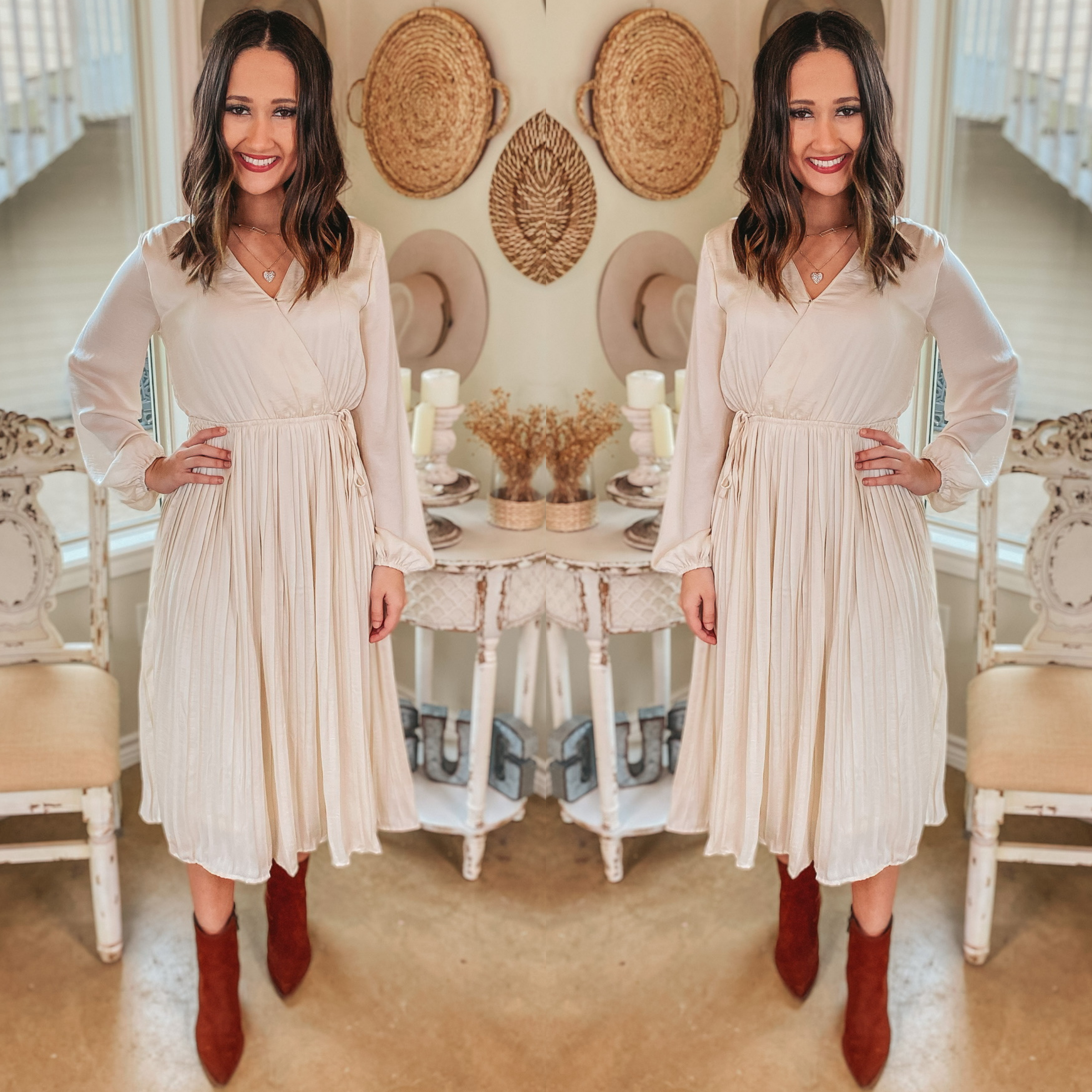 Last Chance Size Small & Medium | Bakersfield Brunch Long Sleeve Midi Dress with Pleated Skirt in Ivory - Giddy Up Glamour Boutique