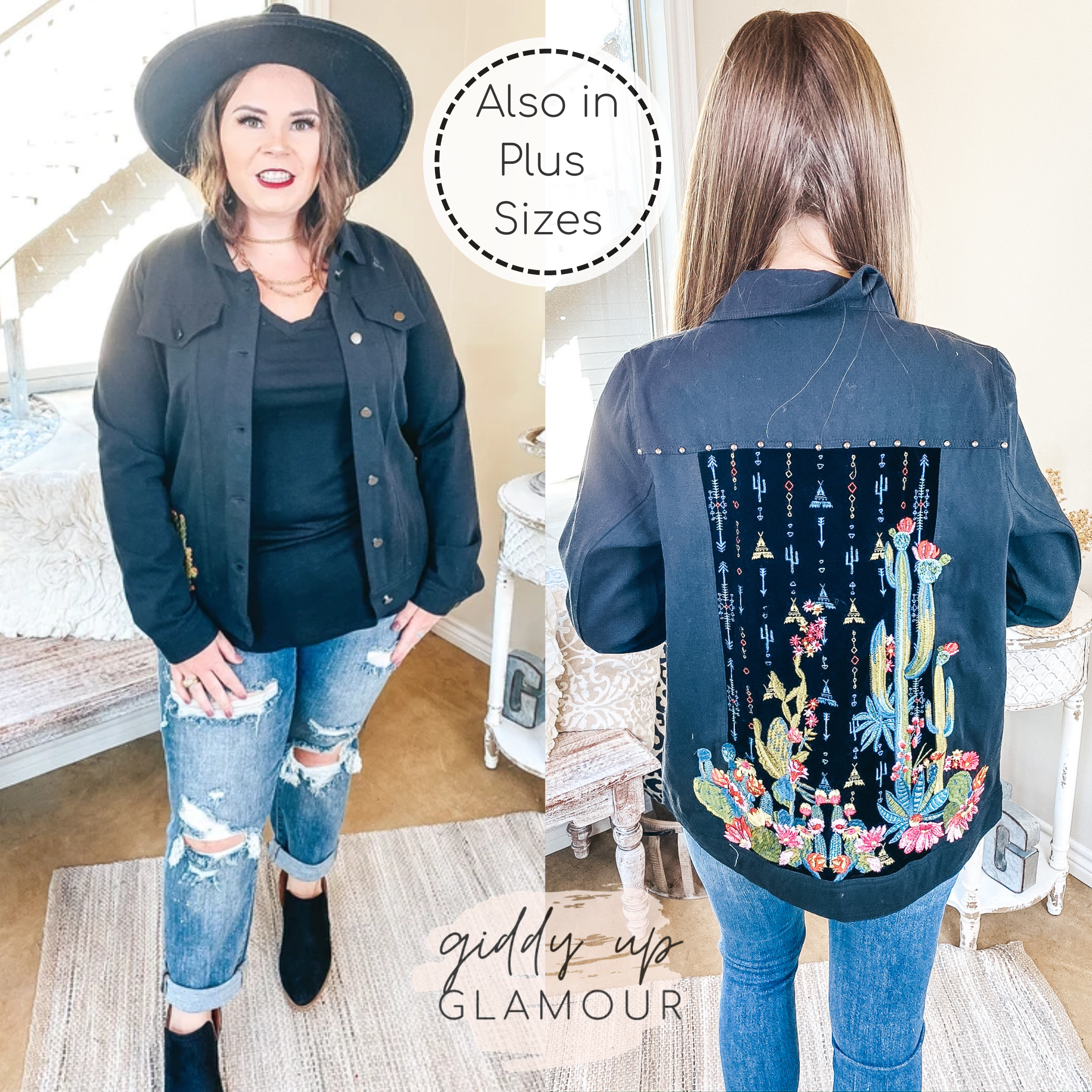Painted Desert Button Up Jacket with Velvet and Cactus Embroidered Back in Black