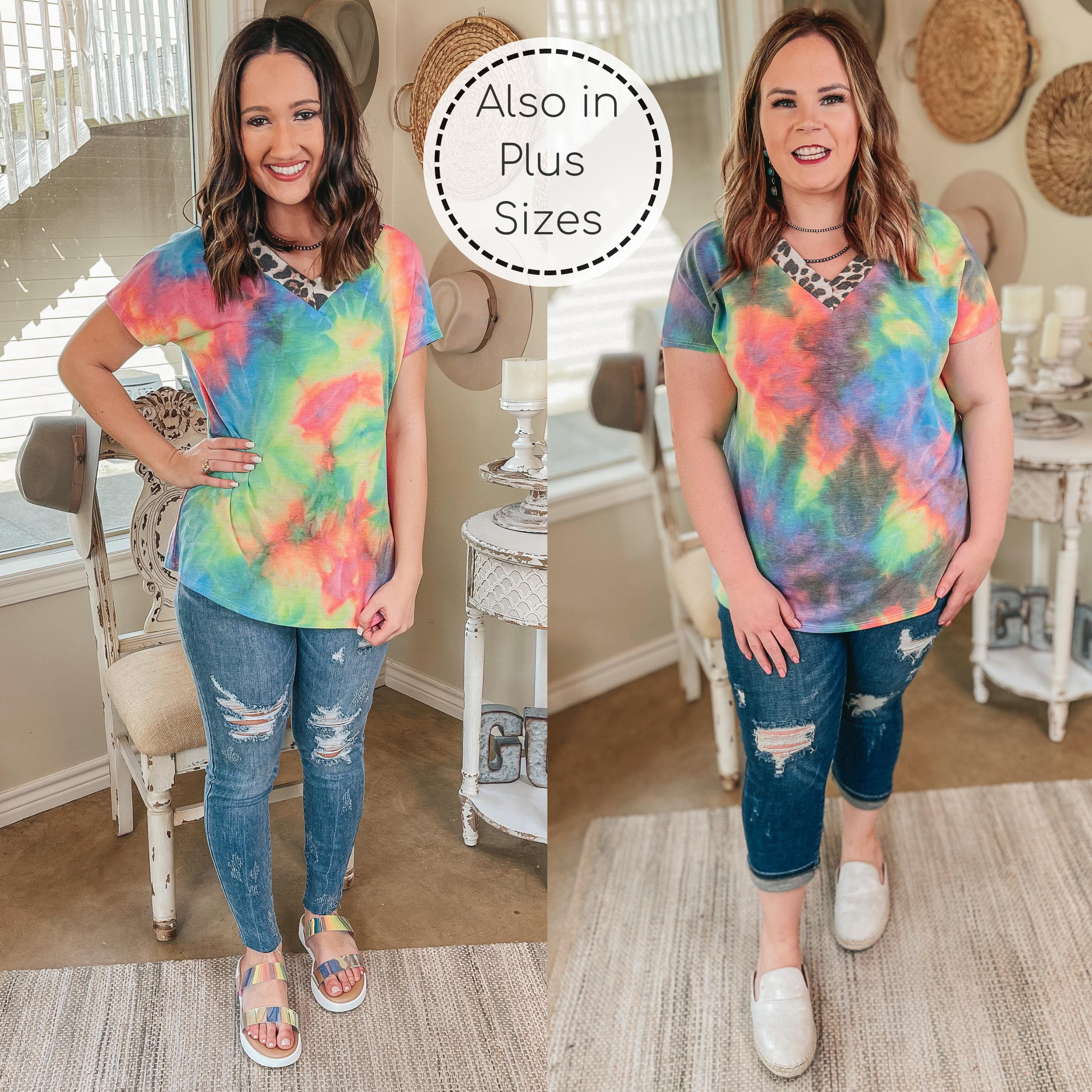 Levels of My Heart Leopard Trim V Neck Top in Multi Color Tie Dye - Giddy Up Glamour Boutique