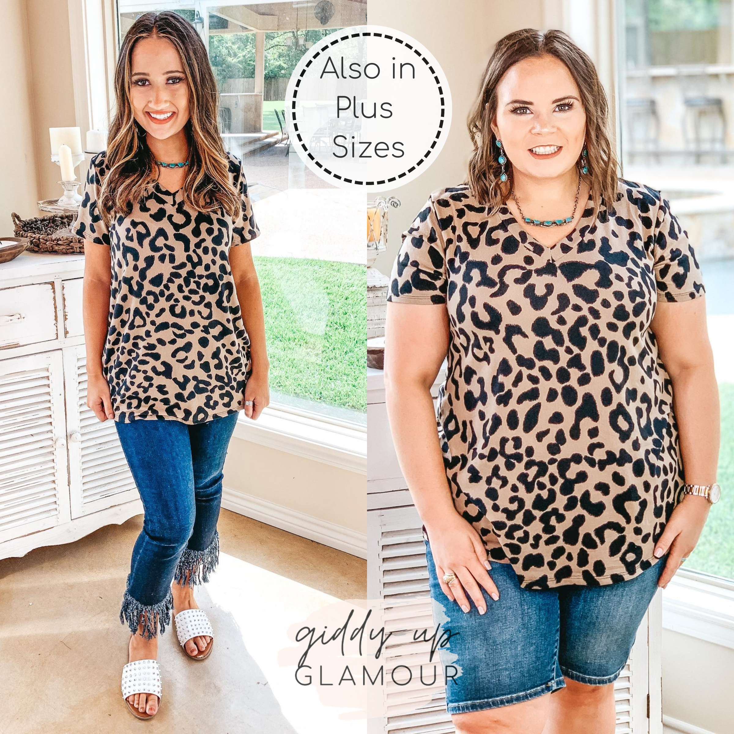 Keep Things Simple Leopard V Neck Tee Shirt in Mocha Brown - Giddy Up Glamour Boutique