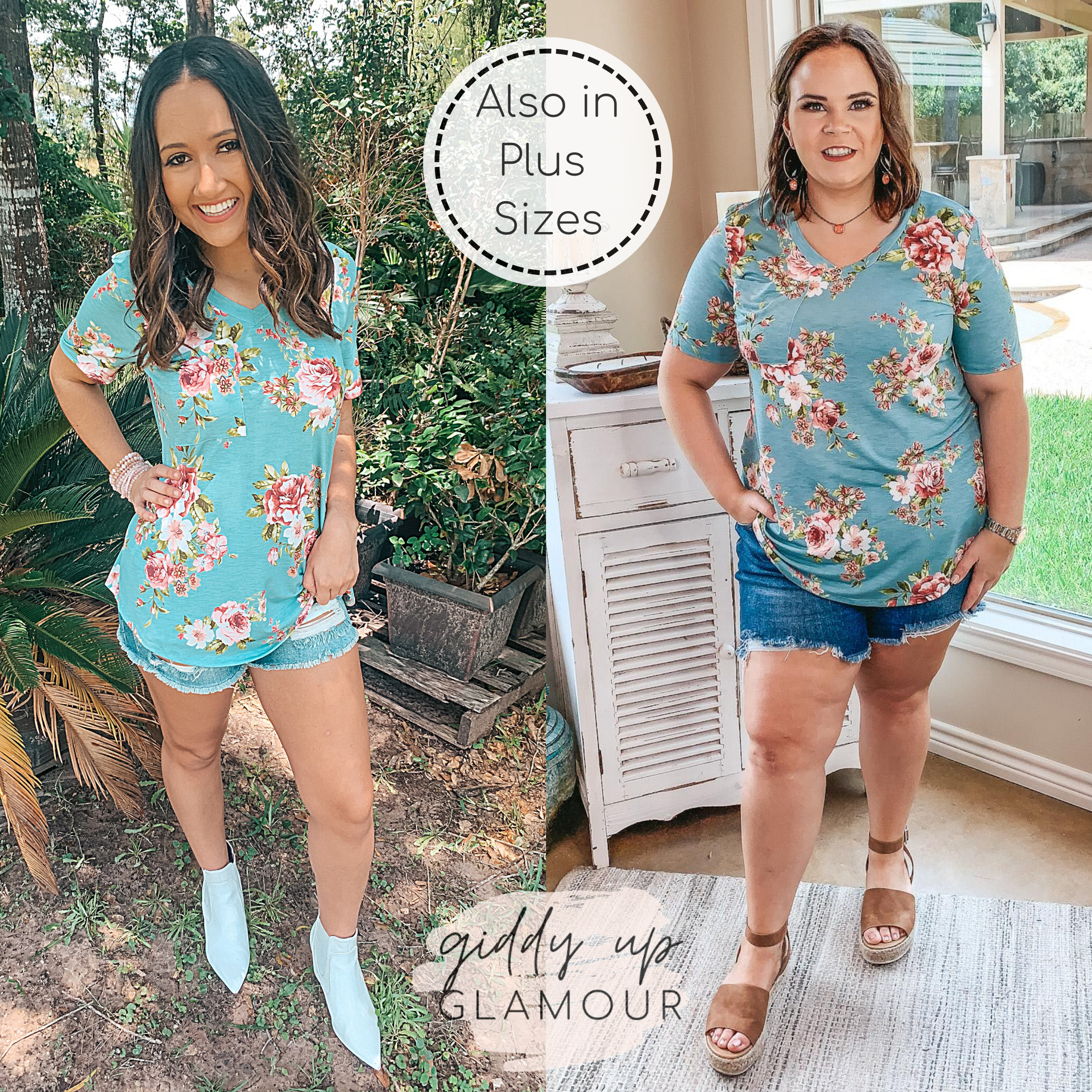 Last Chance Size Small & Medium | Just Right Short Sleeve Floral Print Pocket Tee in Dusty Teal Blue - Giddy Up Glamour Boutique