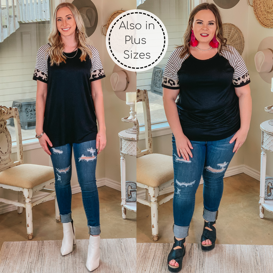 Here All Year Leopard and Stripe Short Sleeve Top in Black - Giddy Up Glamour Boutique