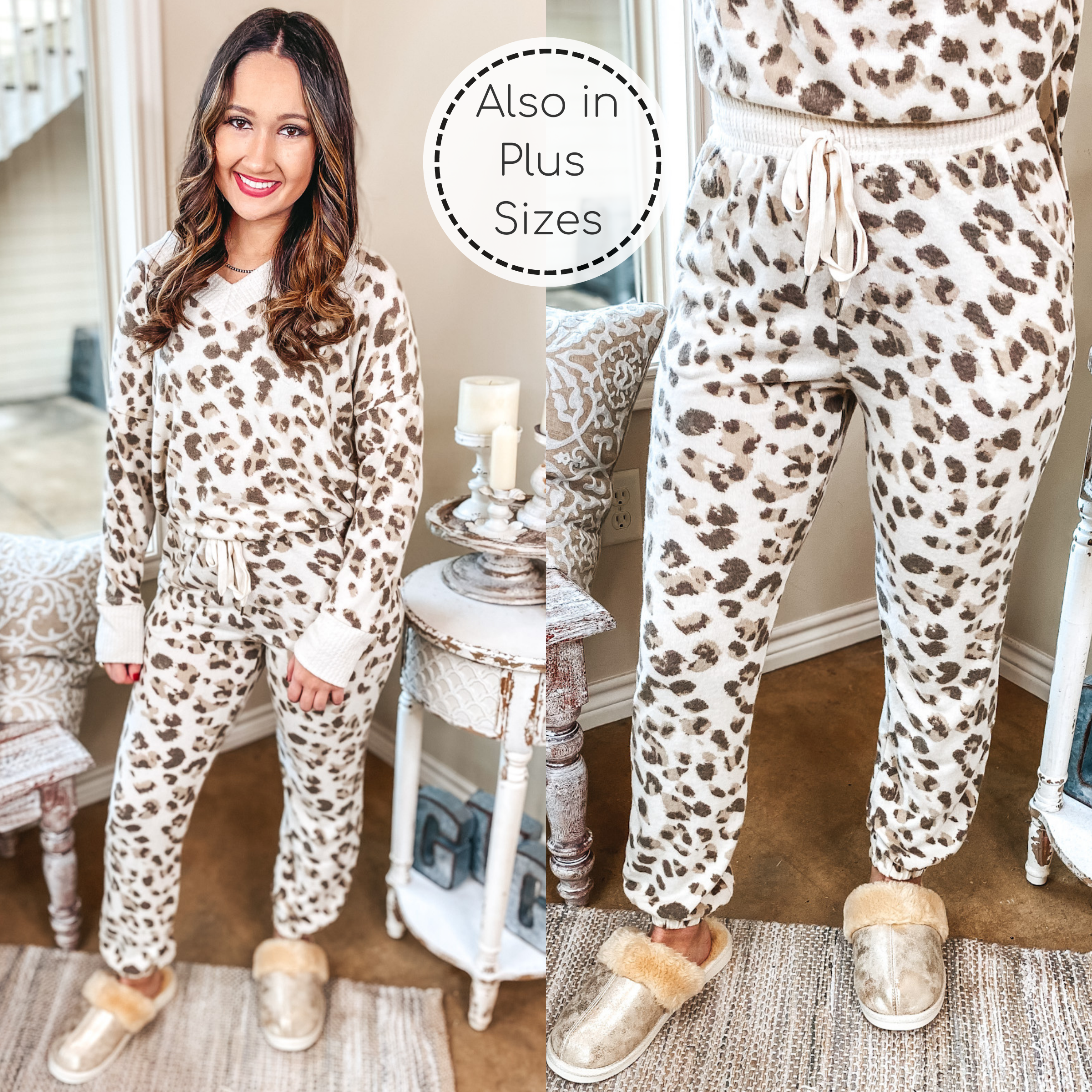 Last Chance Size Small | Girls Night In Drawstring Leopard Joggers with Waffle Knit Trim in Ivory - Giddy Up Glamour Boutique