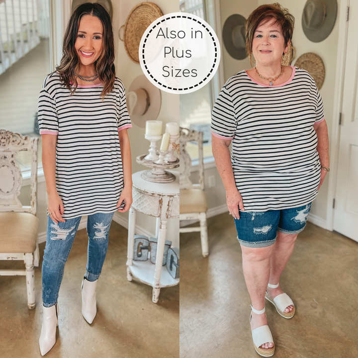 Sunday Drive Black and Ivory Striped Short Sleeve Top with Pink Trim - Giddy Up Glamour Boutique