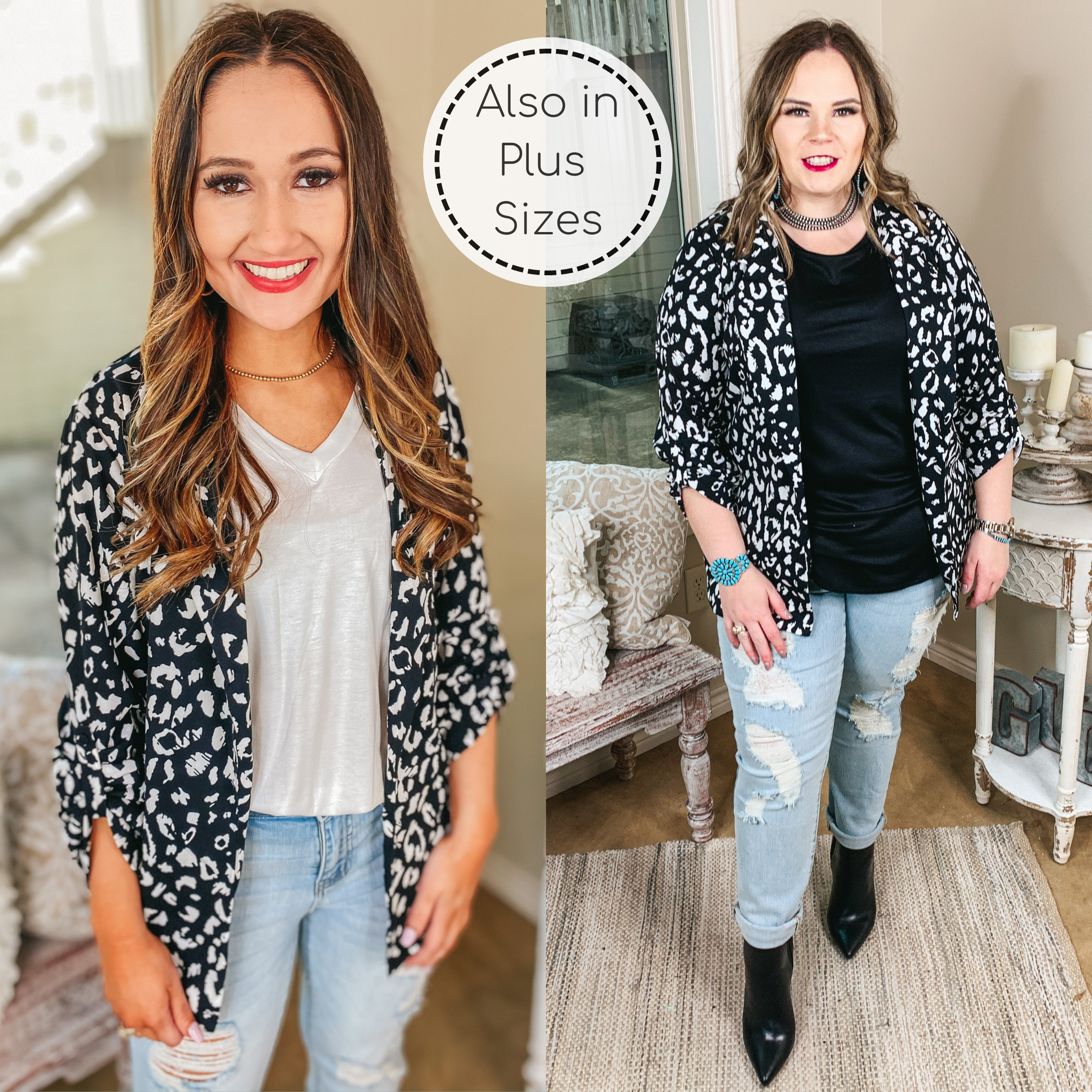 Out Of Office Leopard Print Open Front Blazer with Long Sleeves in Black