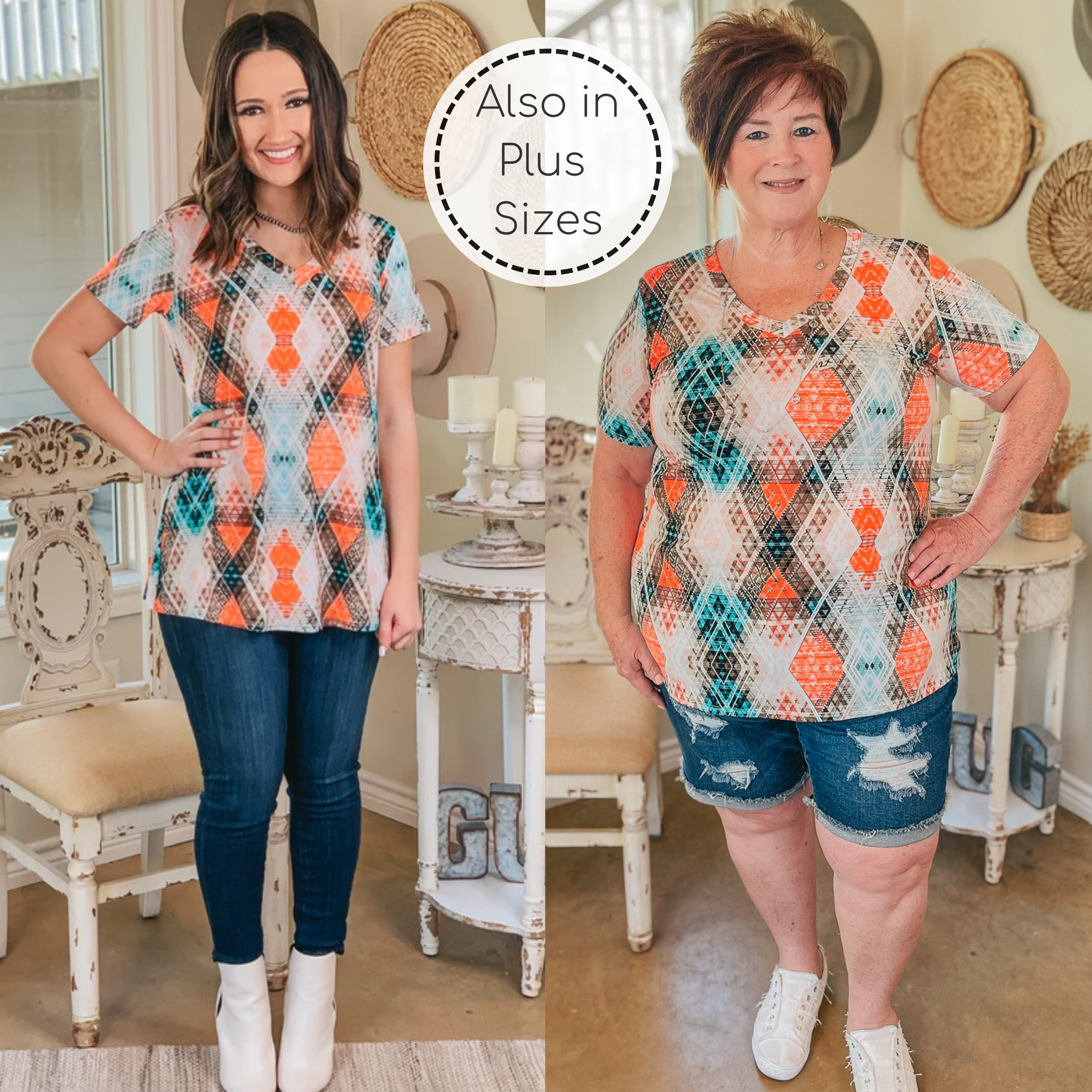 Last Chance Small | Keep Things Simple Aztec V Neck Tee in Mint and Orange - Giddy Up Glamour Boutique