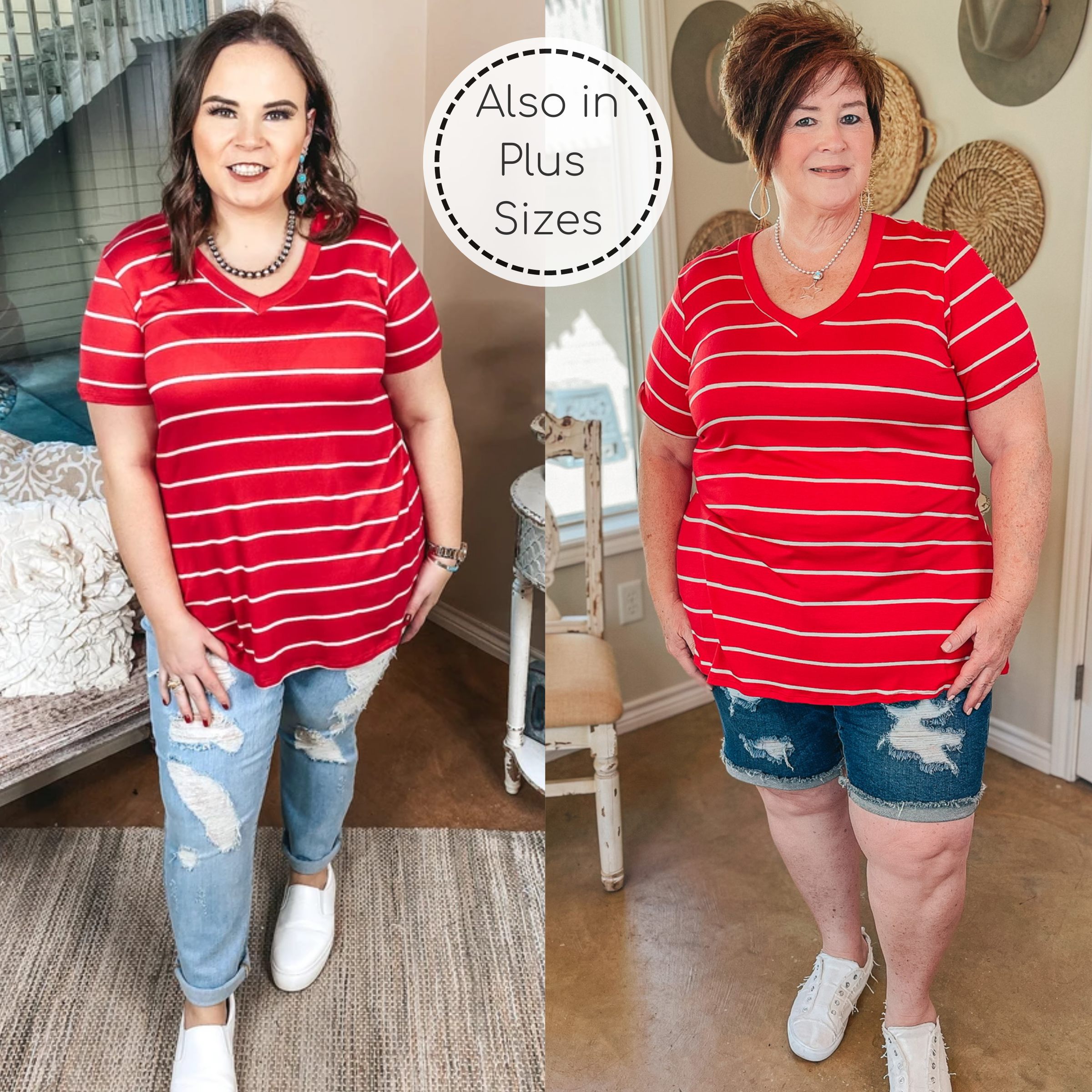 Keep Things Casual Striped V Neck Tee in Red - Giddy Up Glamour Boutique