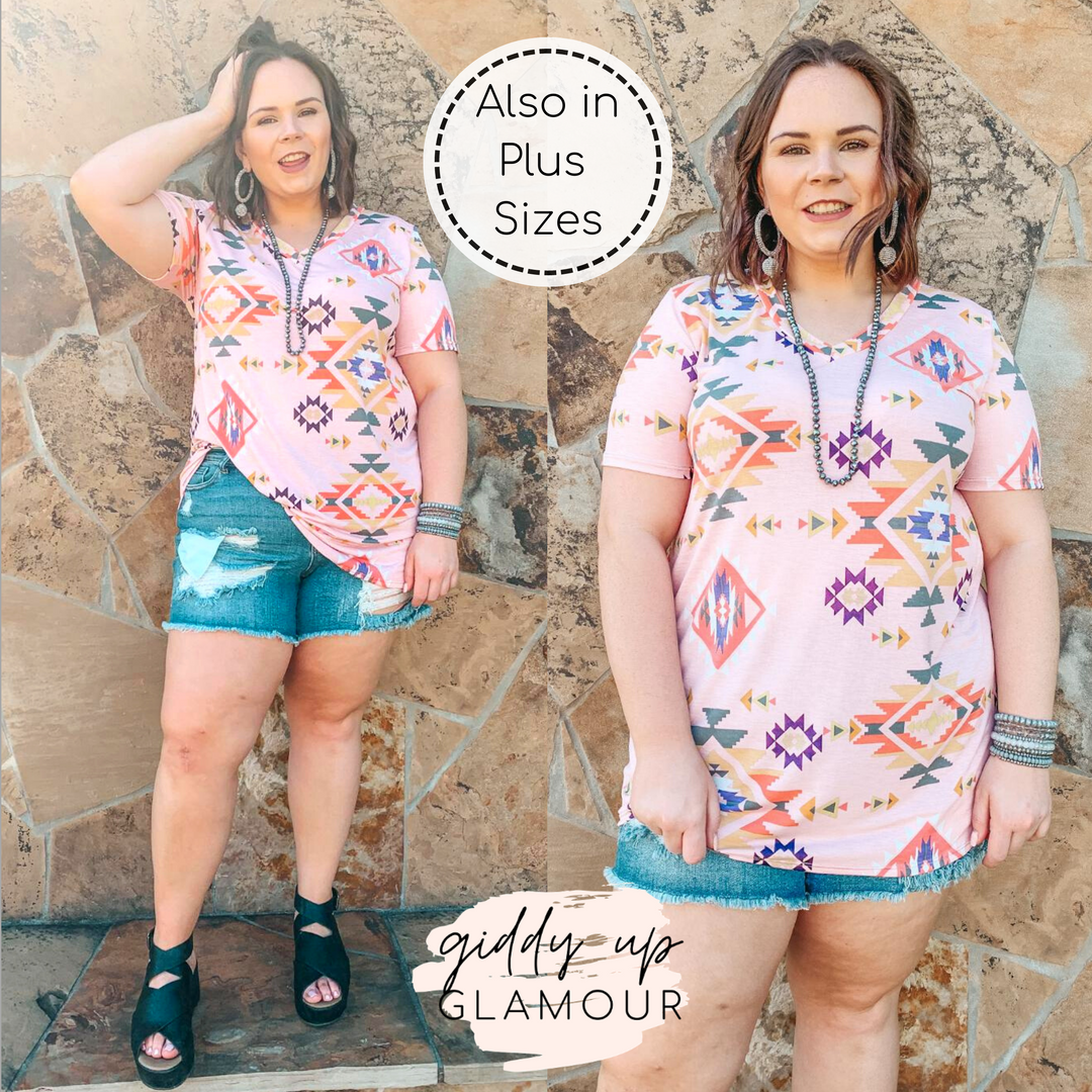Keep Things Simple Aztec Print V Neck Tee in Dusty Pink - Giddy Up Glamour Boutique
