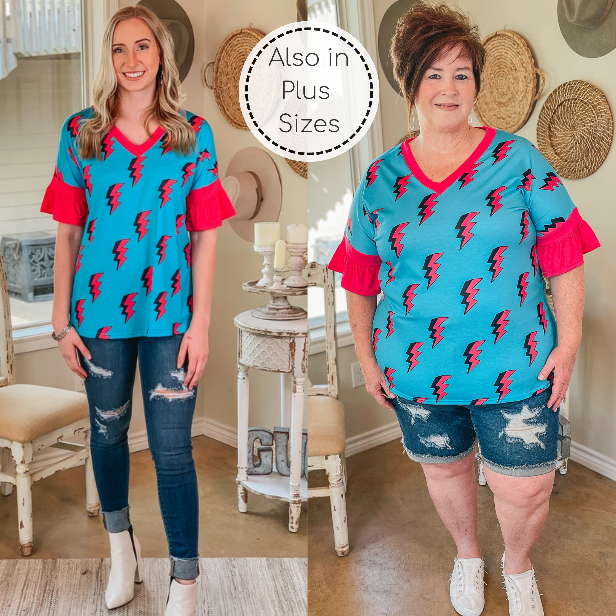 Last Chance Size S, M, & L | Saved By the Bell Fuchsia Lightning Bolt V Neck Top with Ruffle Sleeves in Turquoise - Giddy Up Glamour Boutique