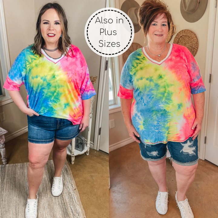 Last Chance Size Small & Med. | Bright Forecasts Tie Dye V Neck Top in Neon Pink, Yellow, and Blue - Giddy Up Glamour Boutique