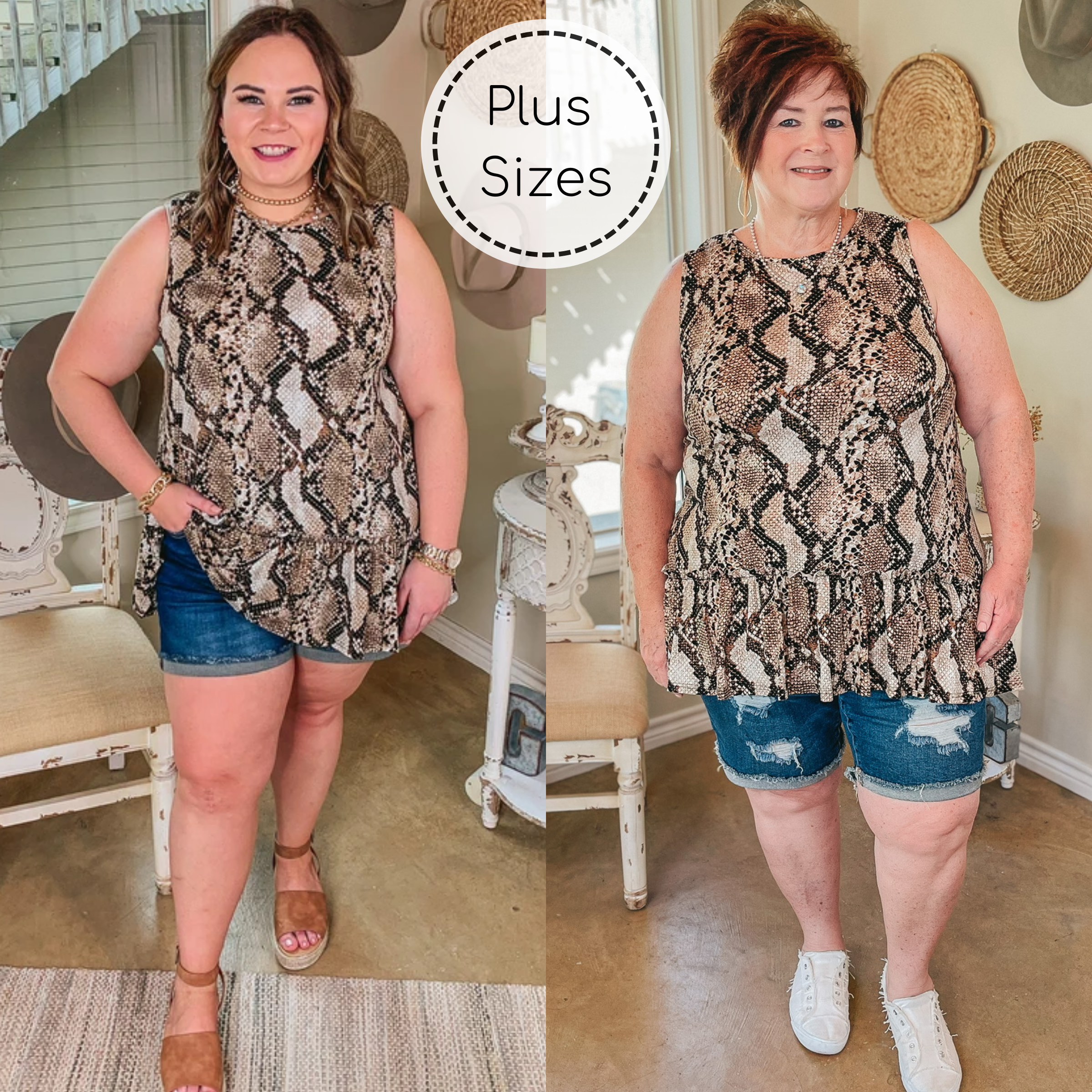 Plus Sizes | Oh So Sneaky Snakeskin Peplum Tank Top in Tan - Giddy Up Glamour Boutique